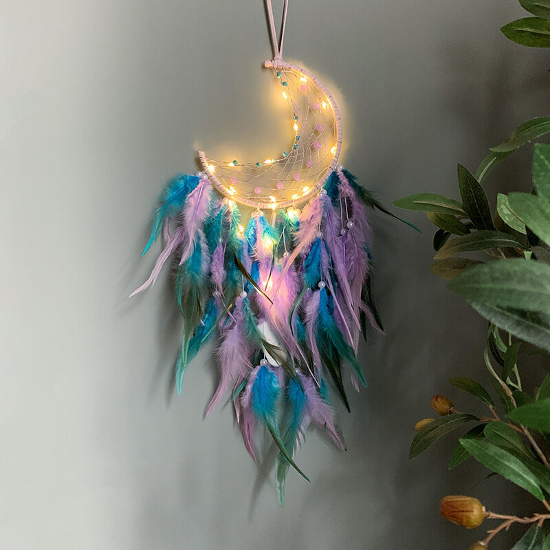 Mond Traumfänger Mit Led Licht Handgefertigte Mobile Traumfänger Türkis Anhänger Wandbehang Ornament Für Haus Schlafzimmer Wanddekoration Geschenk