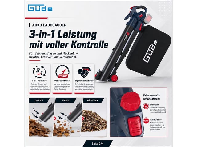 Güde Akku Laubsauger Als 36-202-30 Laubbläser - 245 Km/h - Häcksler - 2x2,0ah