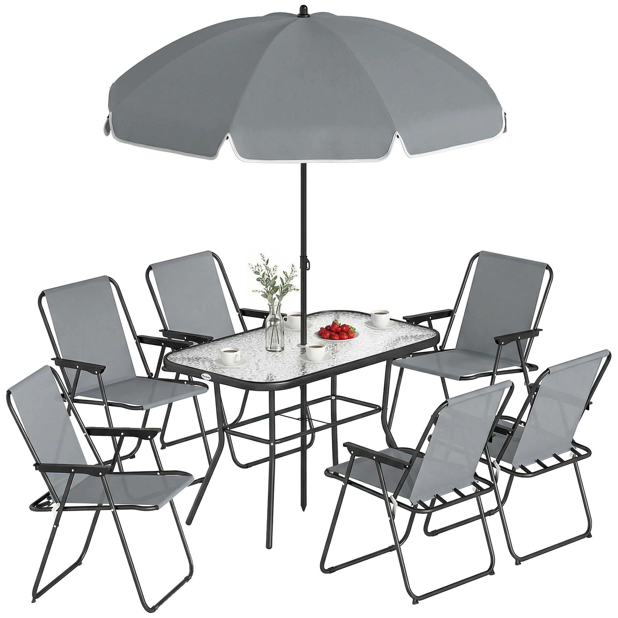 Gartenmöbel Set 8-teilig Mit Tisch, 6 Stühlen, Sonnenschirm Homaire Stahl, Netzstoff 119x68x70 Cm - Grau