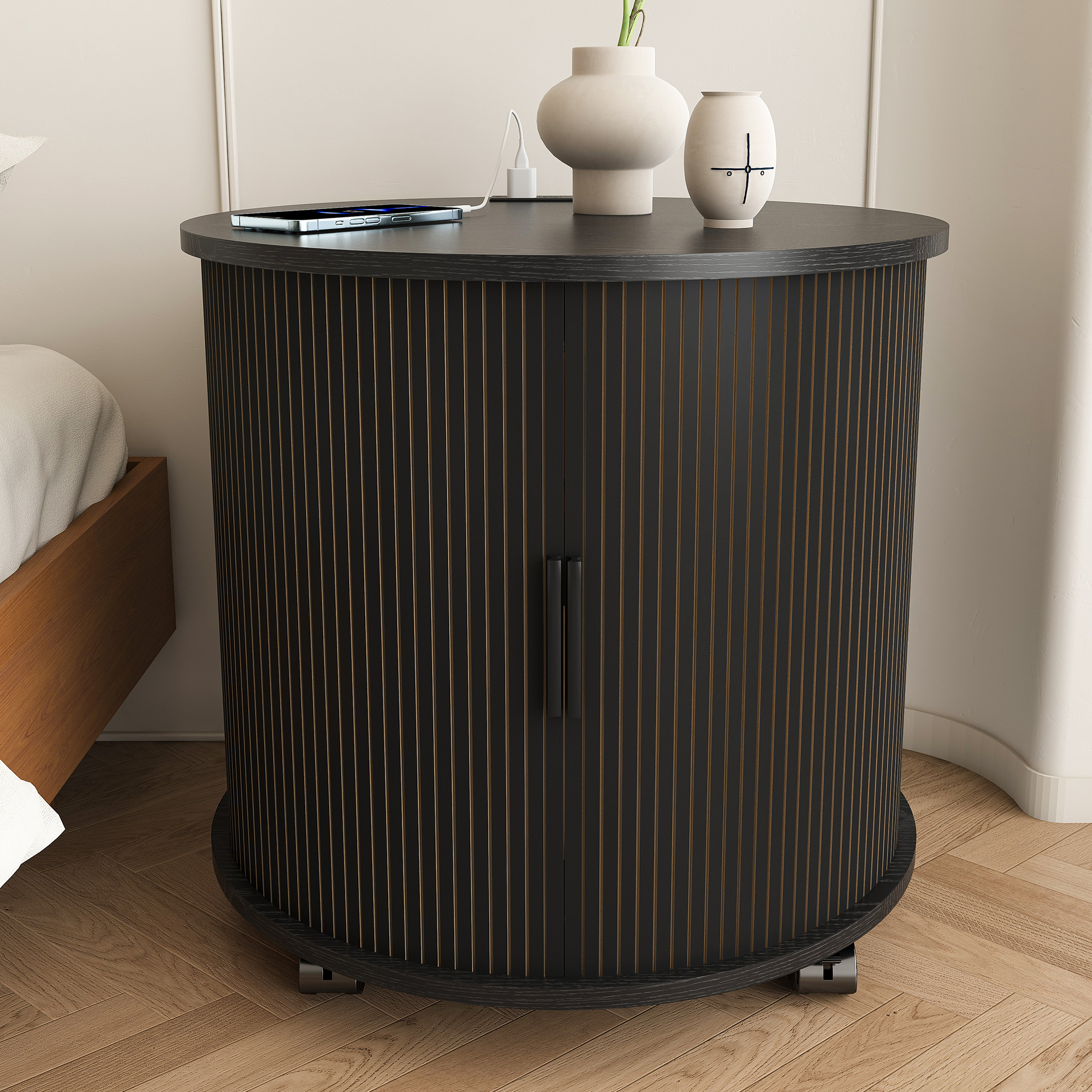 Mid-century Zylindrischer Nachttisch Mit Ladestation (steckdose + 2 Usb), Schiefetür & Stauraum - Rollbar Für Schlafzimmer, Wohnzimmer - Schwarze Optik, Maße:b60/h60/t60 Cm