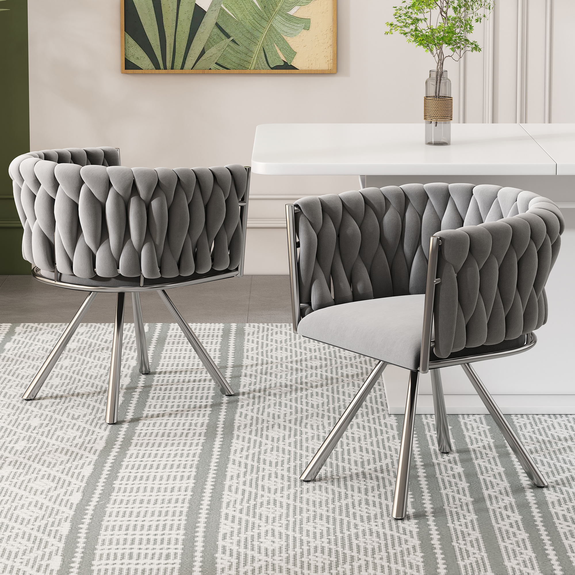 Samt-esszimmerstuhl, 2er Set, Einzelner Heller Luxus-wohnzimmer-schlafzimmer-drehstuhl, Freizeit-drehstuhl Mit Vier Stützbeinen Aus Metall, Grau+silber