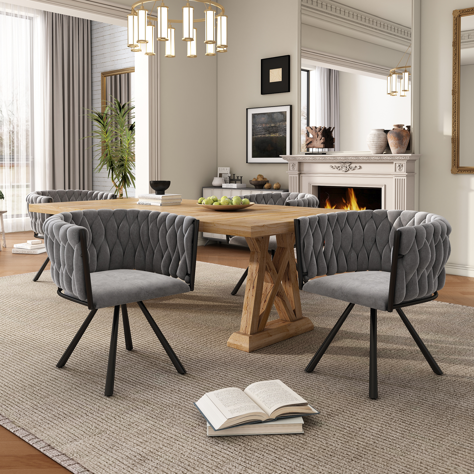 Samt-esszimmerstuhl, 4er Set, Einzelner Heller Luxus-wohnzimmer-schlafzimmer-drehstuhl, Freizeit-drehstuhl Mit Vier Stützbeinen Aus Metall, Grau