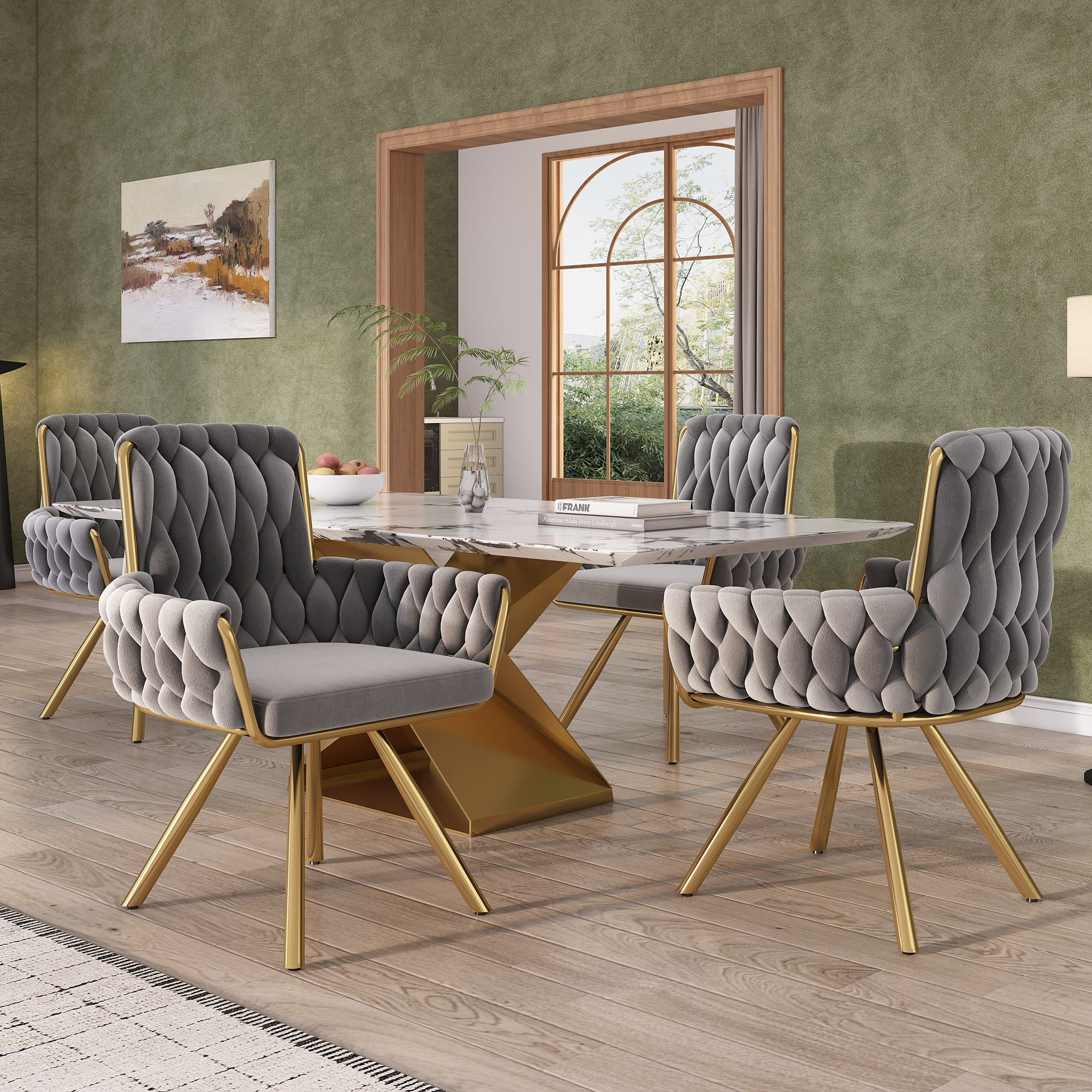 Samt-esszimmerstuhl, 4er Set, Sessel, Einzelner Luxuriöser Wohn- Und Schlafzimmer-drehstuhl, Freizeit-drehstuhl Mit Vier Stützbeinen Aus Metall, Grau