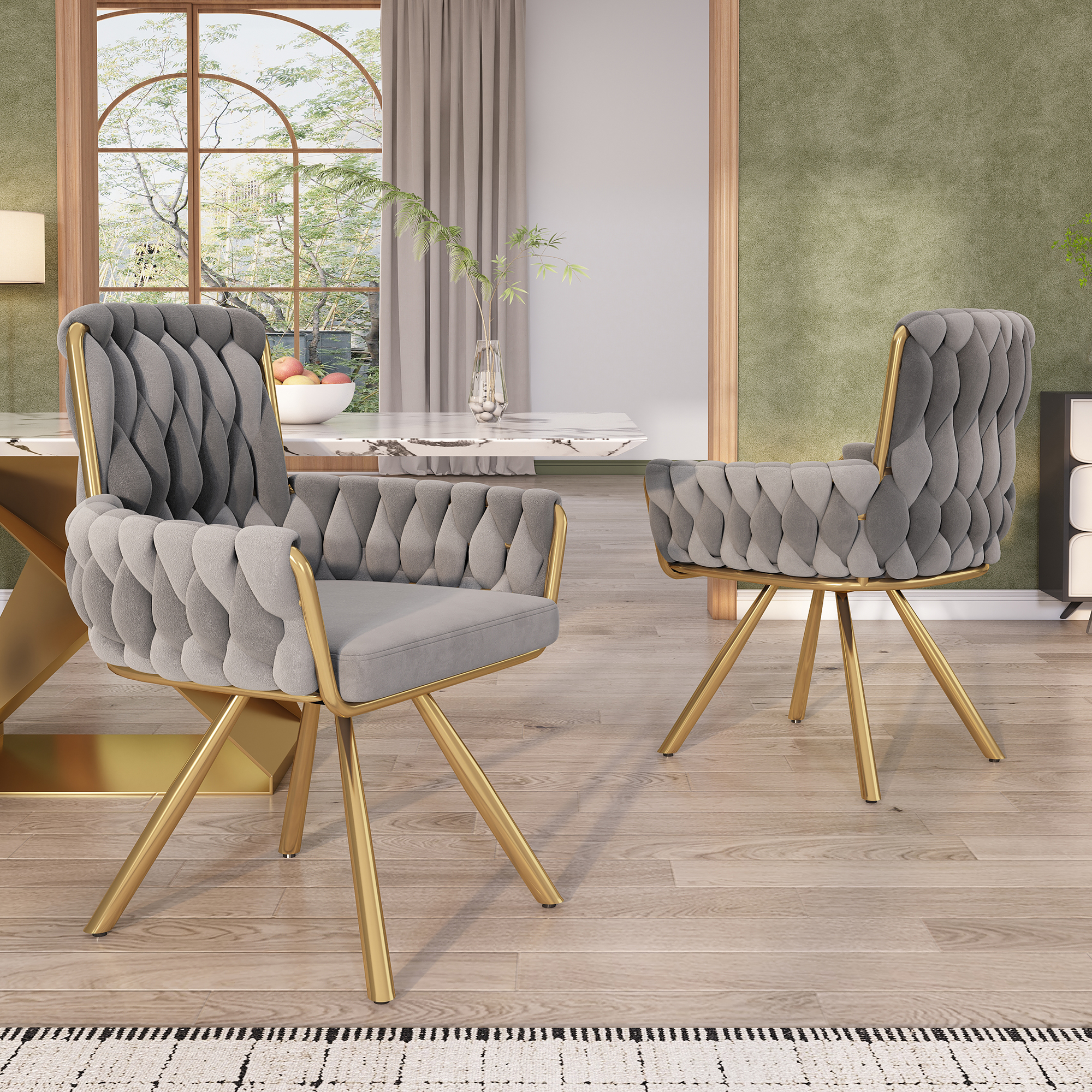 Samt-esszimmerstuhl, 2er Set, Sessel, Einzelner Luxuriöser Wohn- Und Schlafzimmer-drehstuhl, Freizeit-drehstuhl Mit Vier Stützbeinen Aus Metall, Grau[old Sku:wf310502aag]