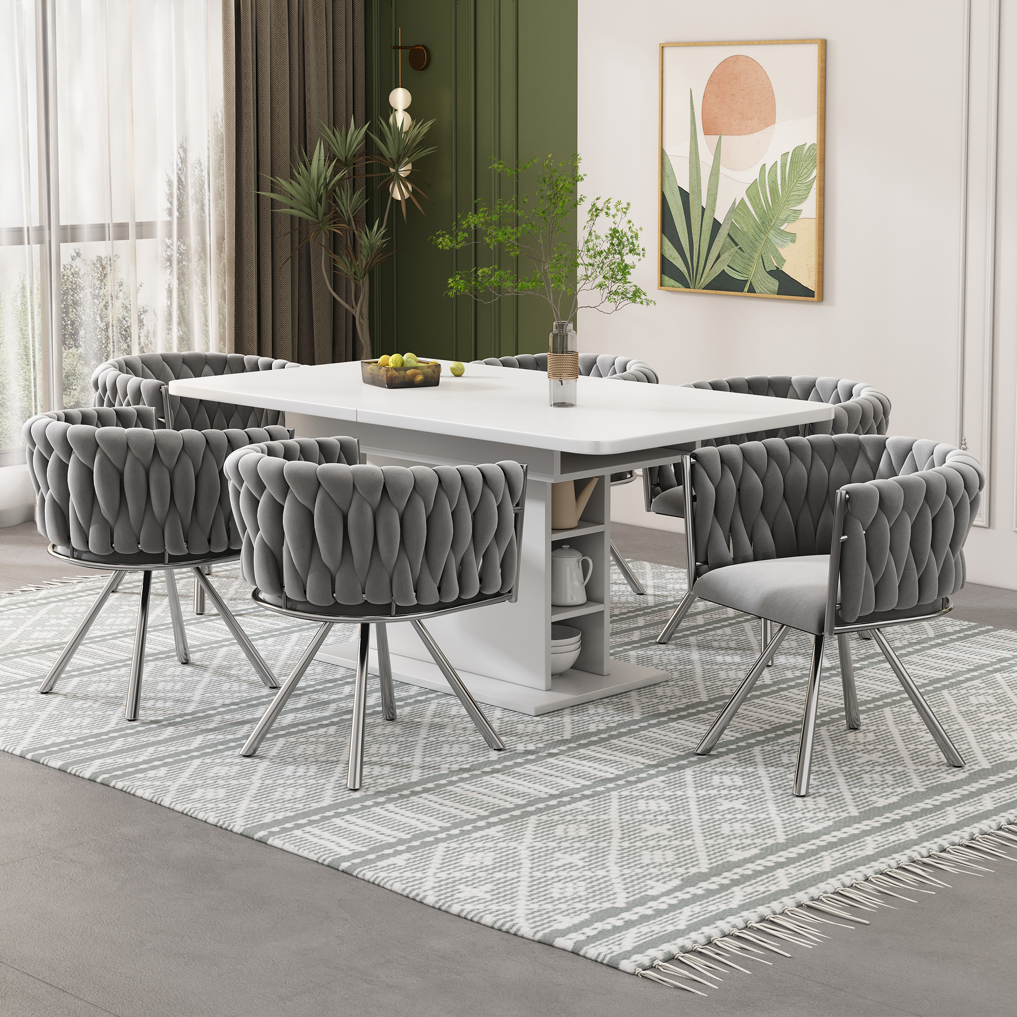 Samt-esszimmerstuhl, 6er Set, Einzelner Heller Luxus-wohnzimmer-schlafzimmer-drehstuhl, Freizeit-drehstuhl Mit Vier Stützbeinen Aus Metall, Grau+silber