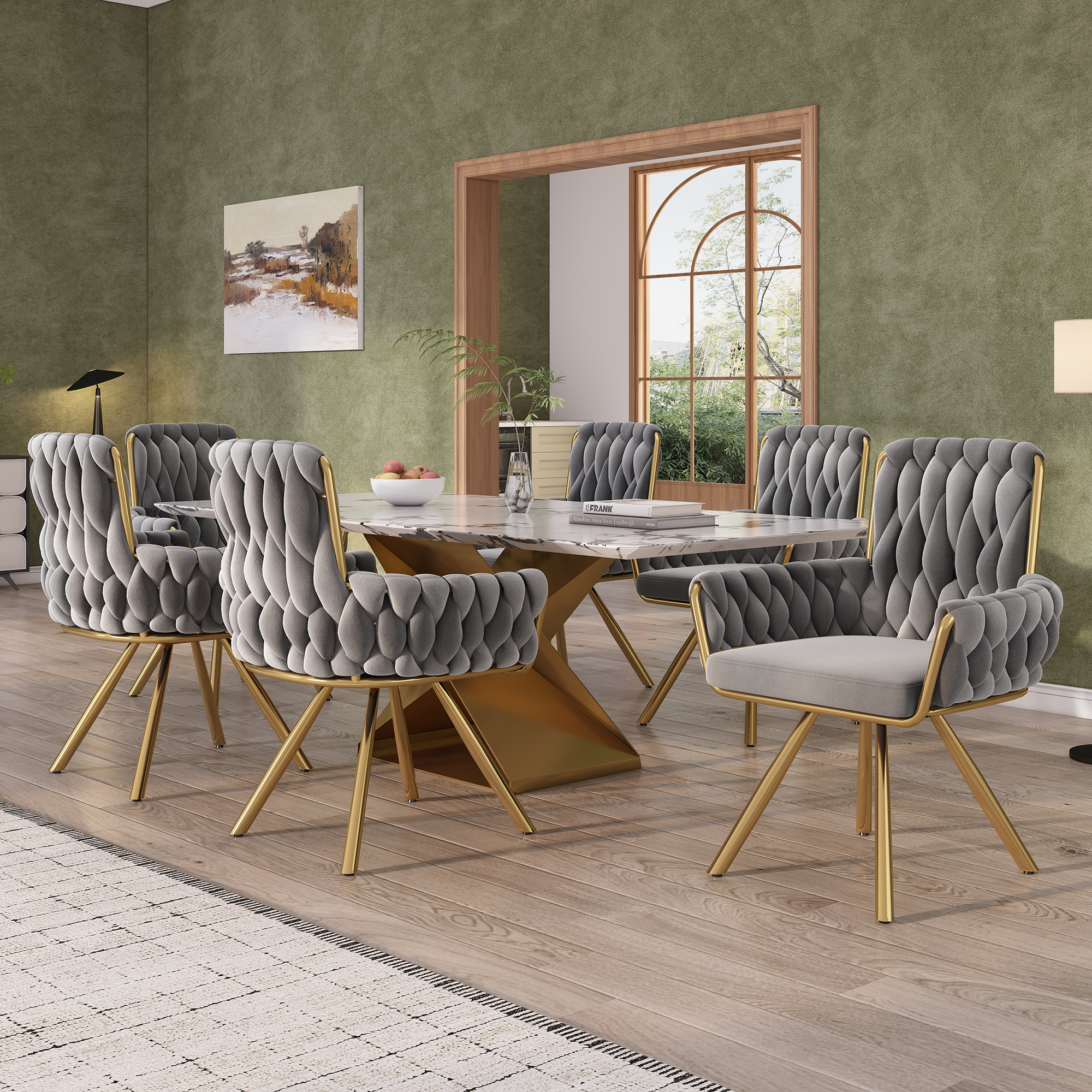 Samt-esszimmerstuhl, 6er Set, Sessel, Einzelner Luxuriöser Wohn- Und Schlafzimmer-drehstuhl, Freizeit-drehstuhl Mit Vier Stützbeinen Aus Metall, Grau