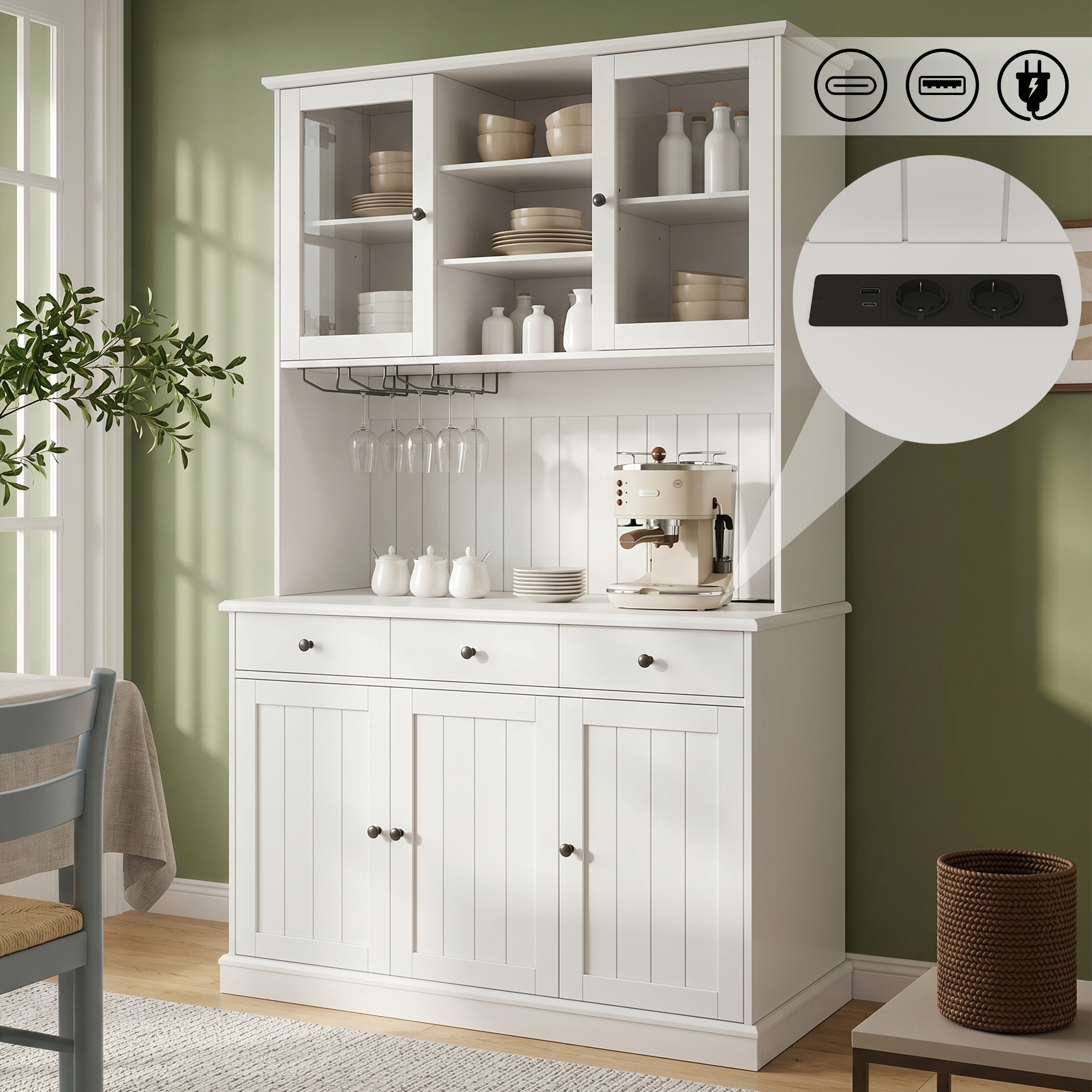 Buffetschränke, Esszimmer-hochschrank 120×40×191 Cm, Mit Glastüren, Gläserhalter, Mehrstufigem Stauraum, Integrierter Steckdose Sowie Usb-c- Und Usb-a-anschlüssen, Weiße Und Schwarze Griffe