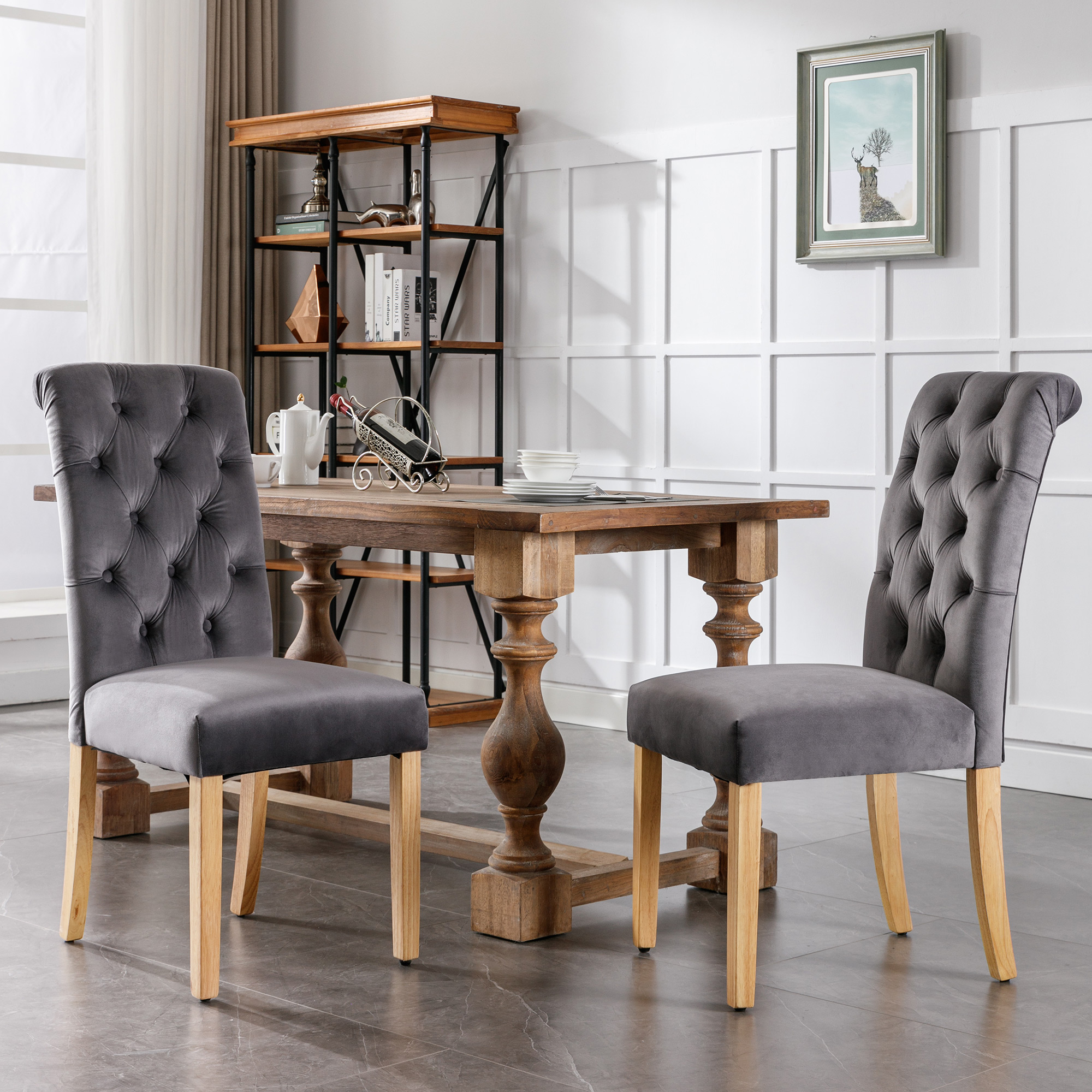 Samt Esszimmerstühle 2er Set Mit Eichenbeinen, Knopf, Chromklopfer Schlafzimmerstuhl Küchenstuhl Wohnzimmer Lounge Freizeitstuhl, Grau