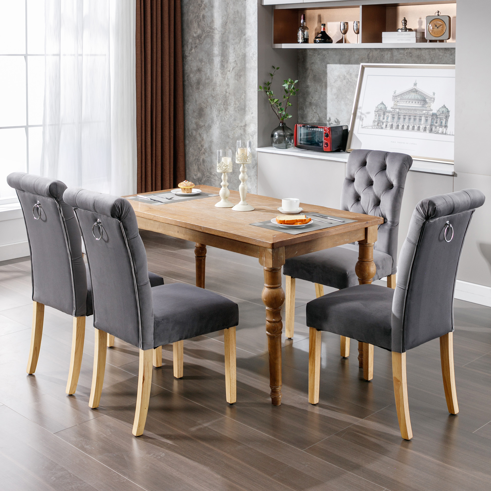Samt Esszimmerstühle 4er Set Mit Eichenbeinen, Knopf, Chromklopfer Schlafzimmerstuhl Küchenstuhl Wohnzimmer Lounge Freizeitstuhl, Grau