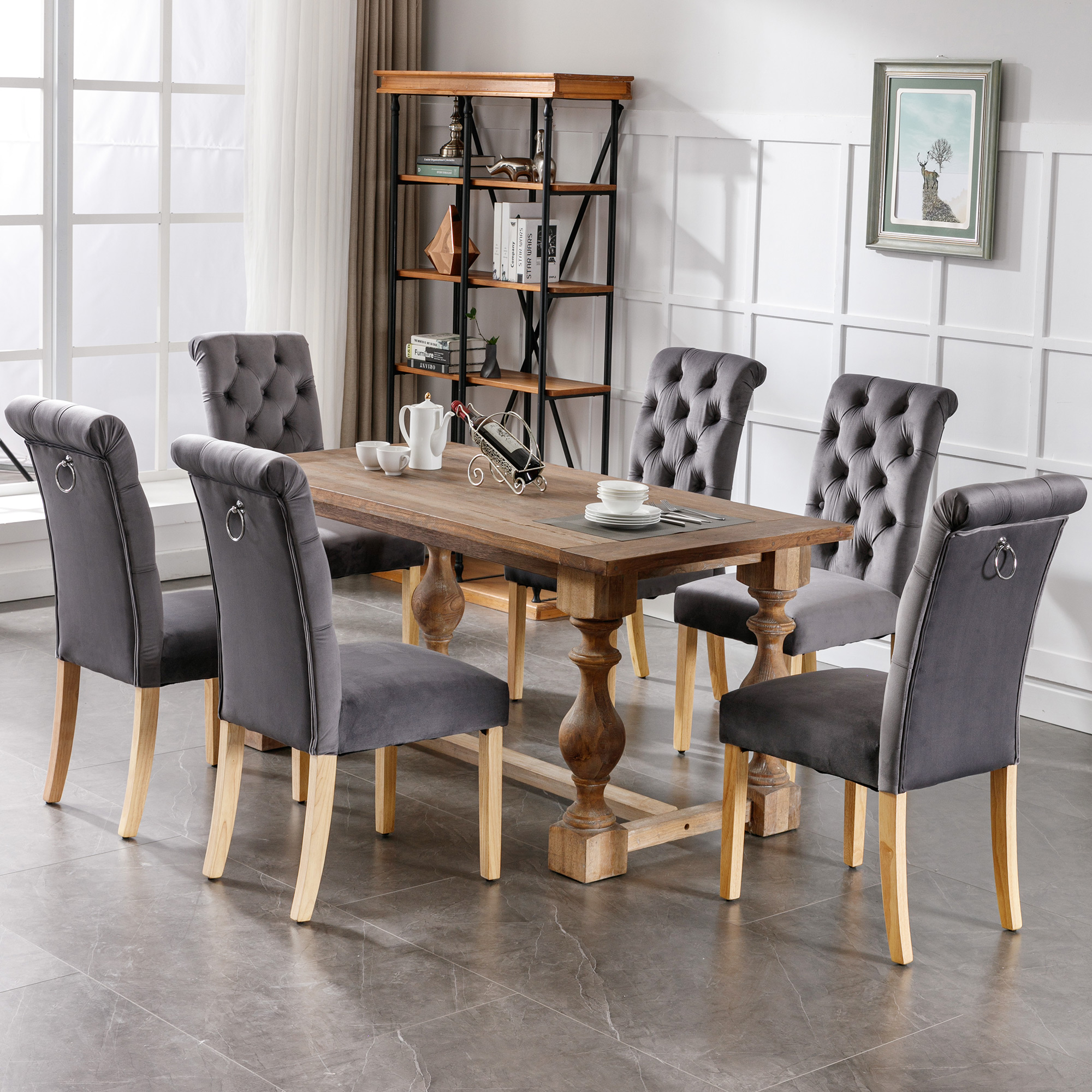 Samt Esszimmerstühle 6er Set Mit Eichenbeinen, Knopf, Chromklopfer Schlafzimmerstuhl Küchenstuhl Wohnzimmer Lounge Freizeitstuhl, Grau