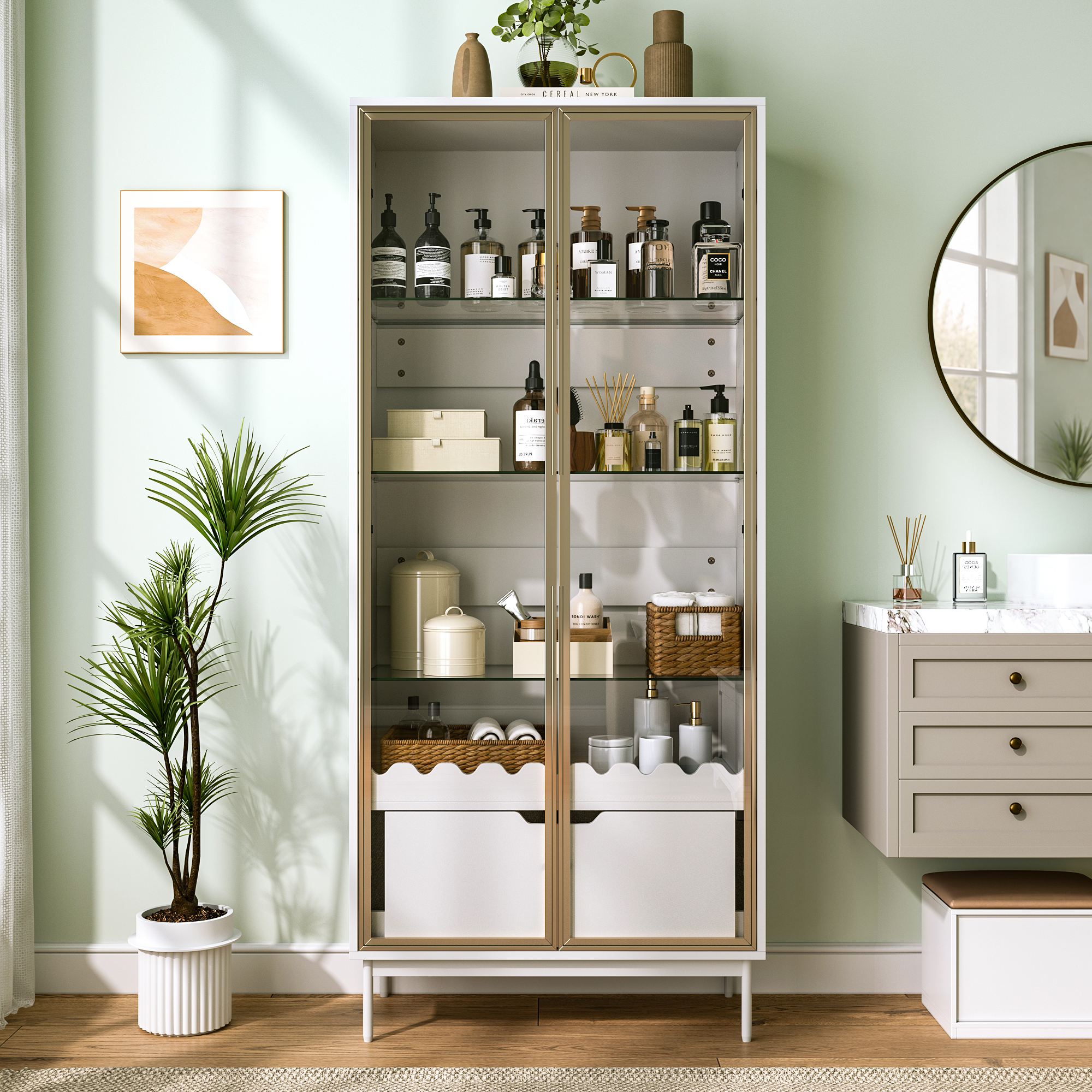 Hochschrank Mit Glastür, Höhenverstellbaren Glasregalen, Mit Schublade, Wellendekor, Metallfüßen – Geeignet Für Wohnzimmer, Schlafzimmer Und Flur