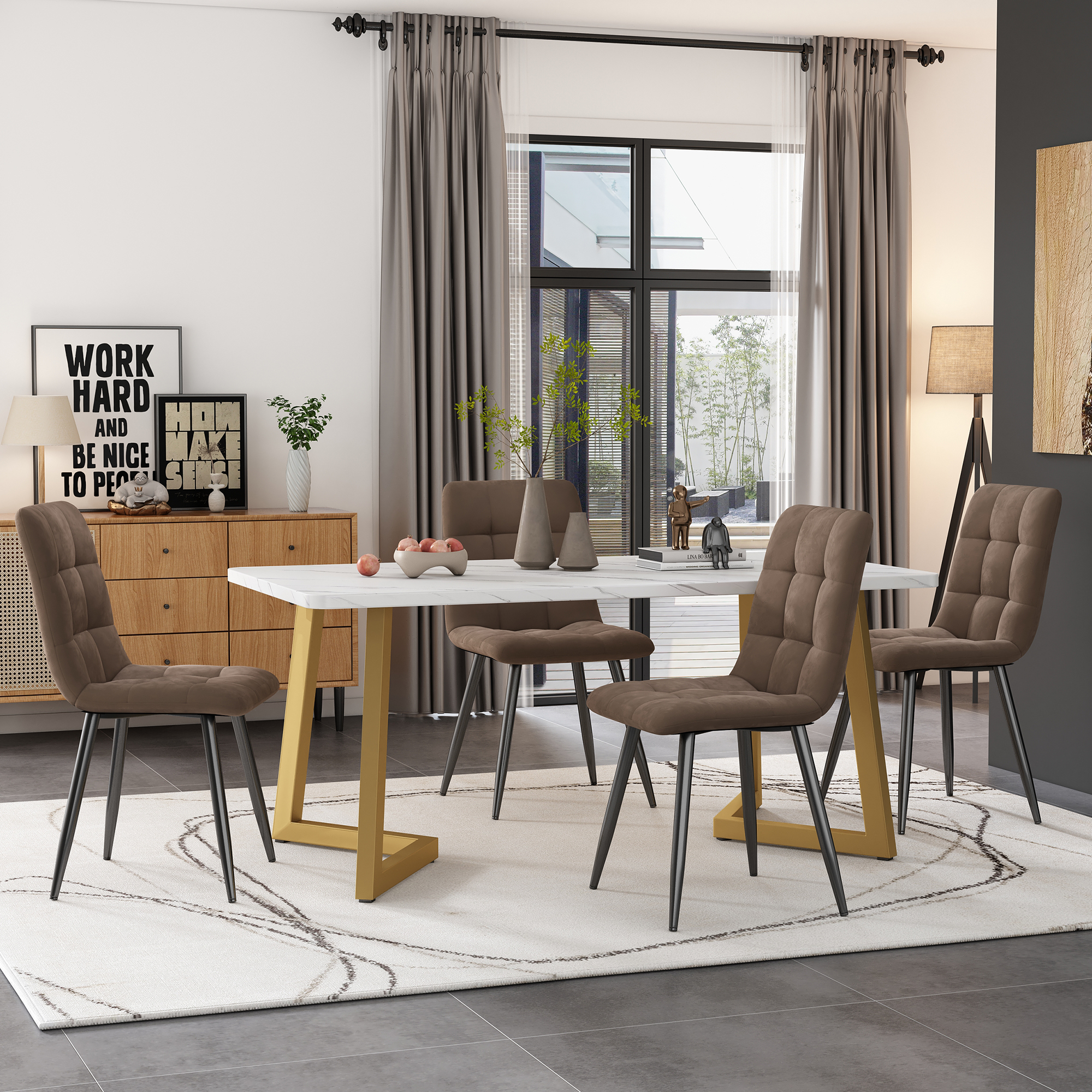 Essgruppe,(set,117×68cm Esstisch Mit 4 Stühlen), Rechteckiger Esstisch Moderner Küchentisch Set ,esszimmerstuhl Braun Samt Küchenstuhl,golden Tischbeine