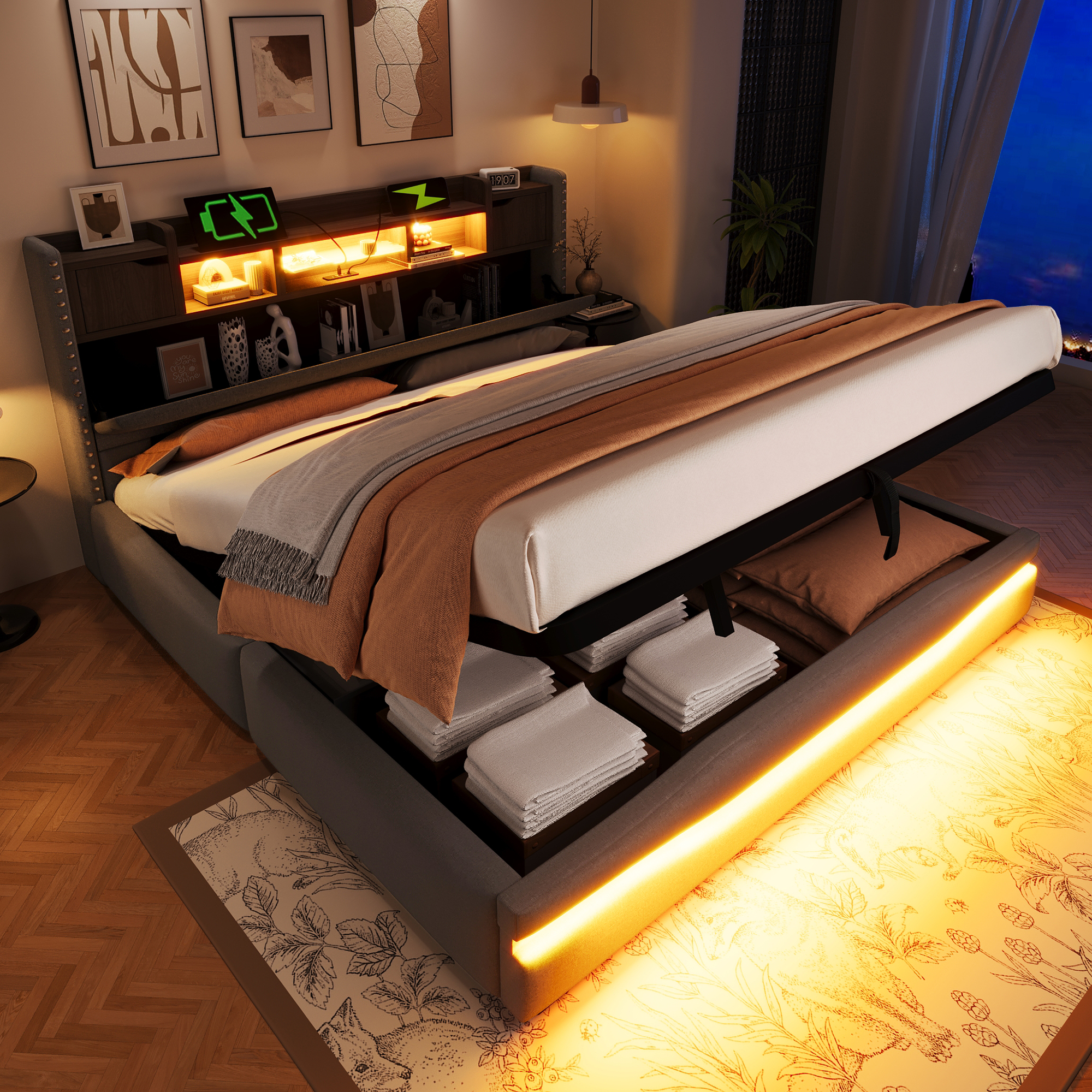 Polsterbett, 180x200cm,mit Usb C Steckdose Ladefunktion,ambiente-beleuchtungsstreifen Unter Dem Bett , Kopfteil Mit Staufach, Hydraulisch Stauraumbett , Ohne Matratze,mit Led-leuchten, Grau