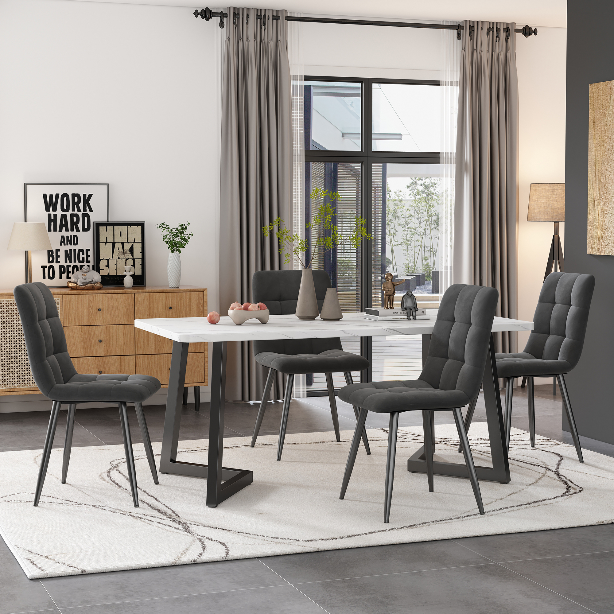 117cm Esstisch Mit 4 Stühlen Set, Rechteckiger Esstisch Moderner Küchentisch Set ,esszimmerstuhl Dunkelgrau Samt Küchenstuhl,schwarze Tischbeine