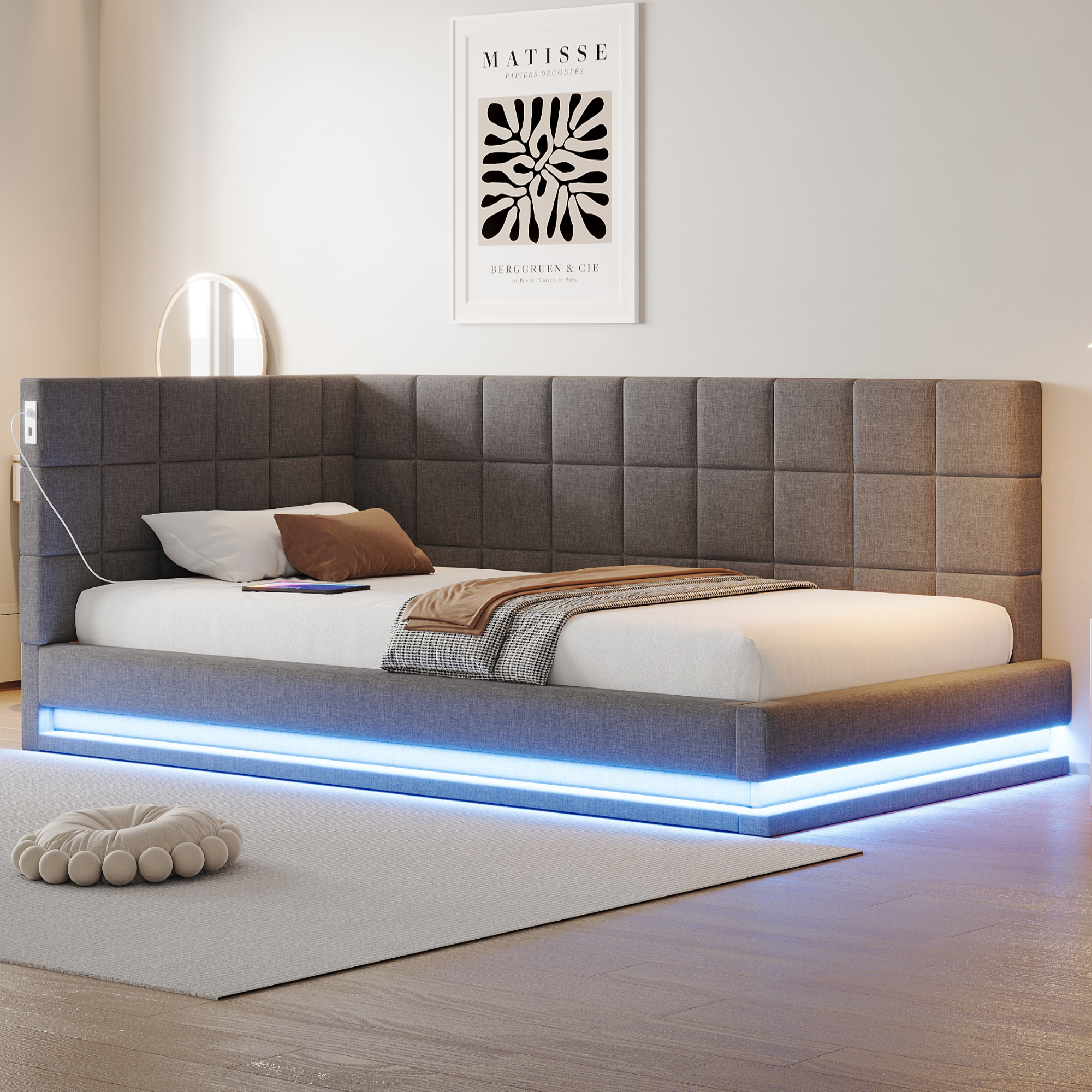 Polsterbett Schlafsofa 90200 Multifunktionsbettmit Led Lichtleiste, Usb Steckdose Und Lattenrost, Leinenstoff, Grau