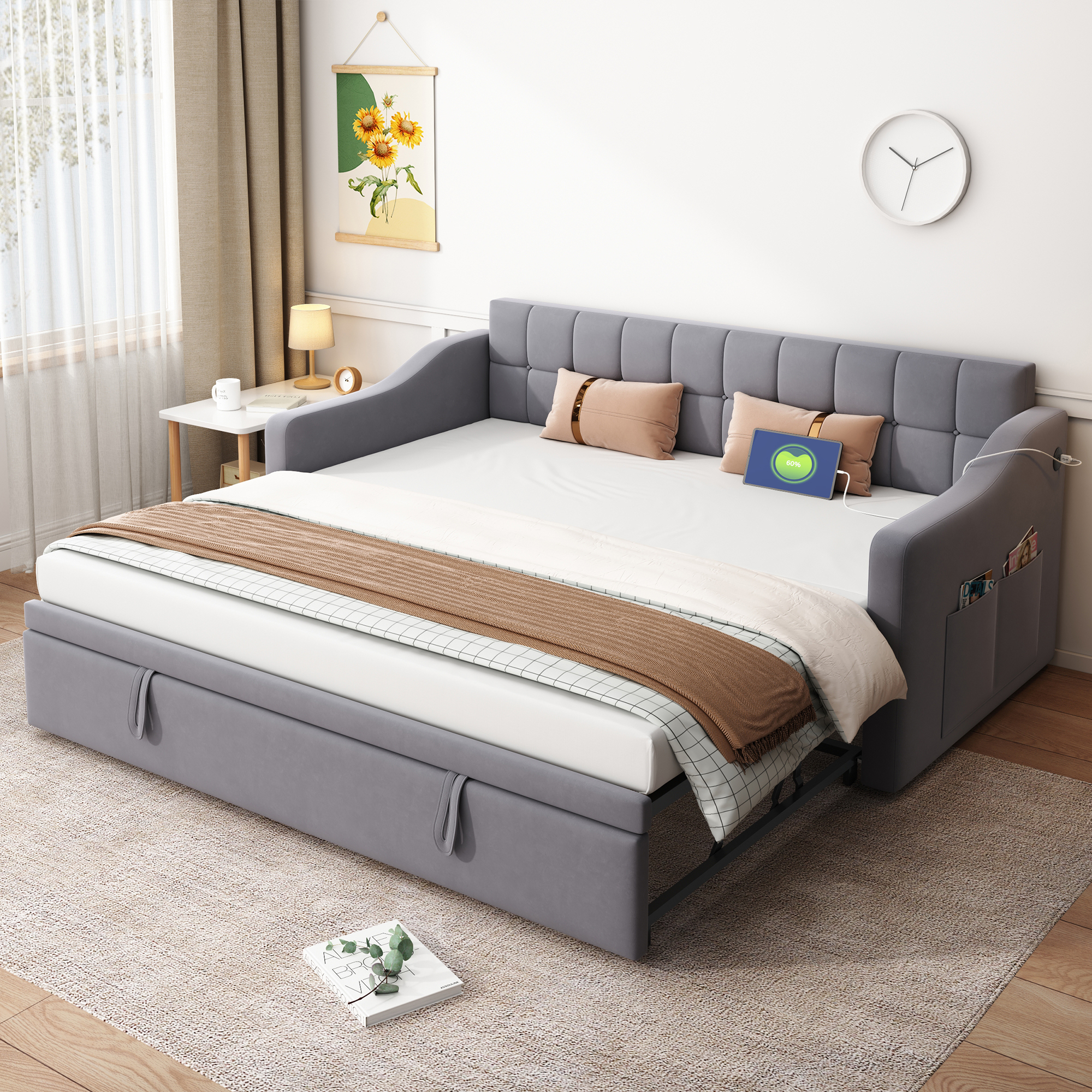 Polsterbett Schlafsofa 2 In 1 Multifunktionsschlafsofa 90/180, Grau Samtstoff Polsterbett Mit Steckdose Und Aufbewahrungstasche