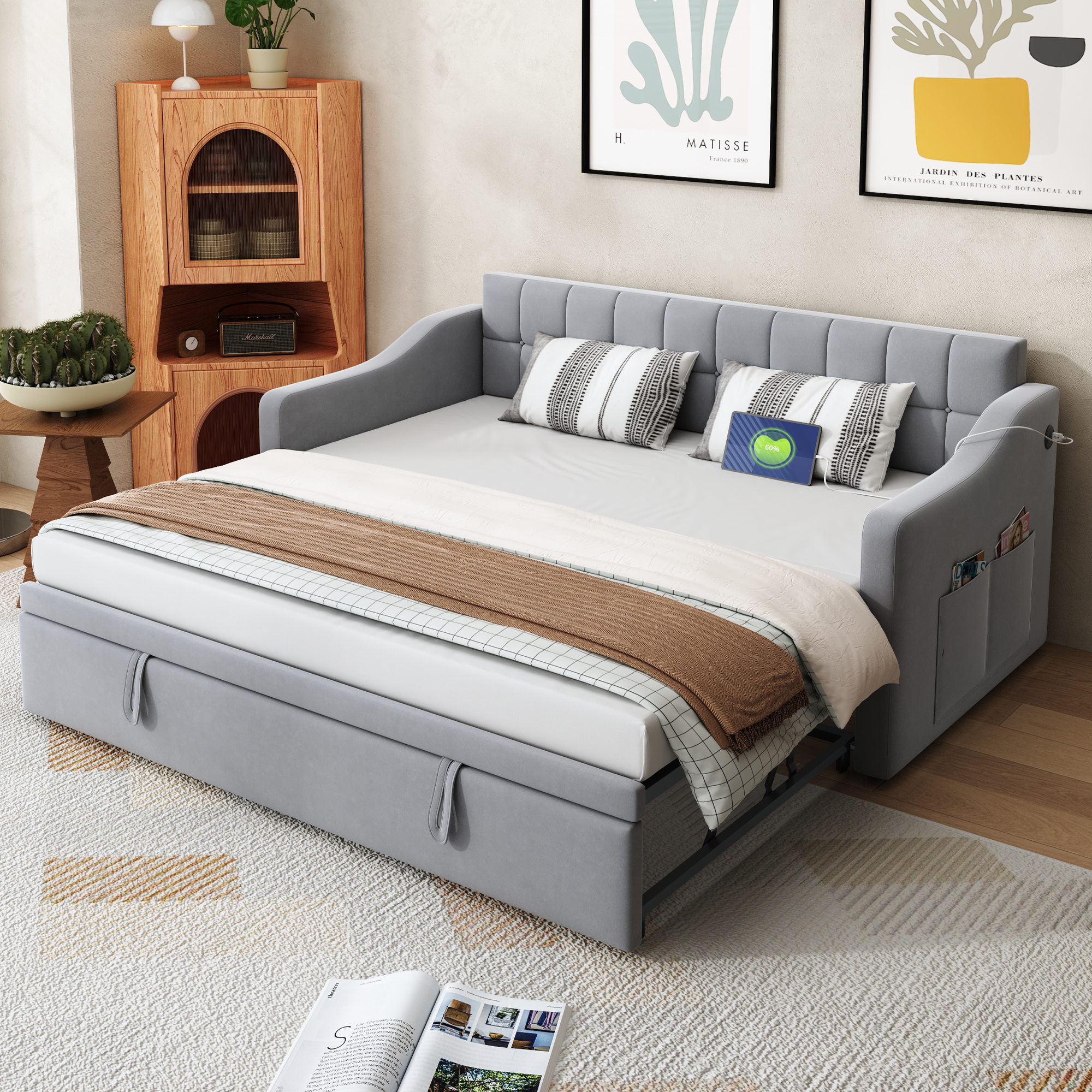 Polsterbett Schlafsofa 2 In 1 Multifunktionsschlafsofa 90180190, Hellgrau Samtstoff Polsterbett Mit Steckdose Und Aufbewahrungstasche
