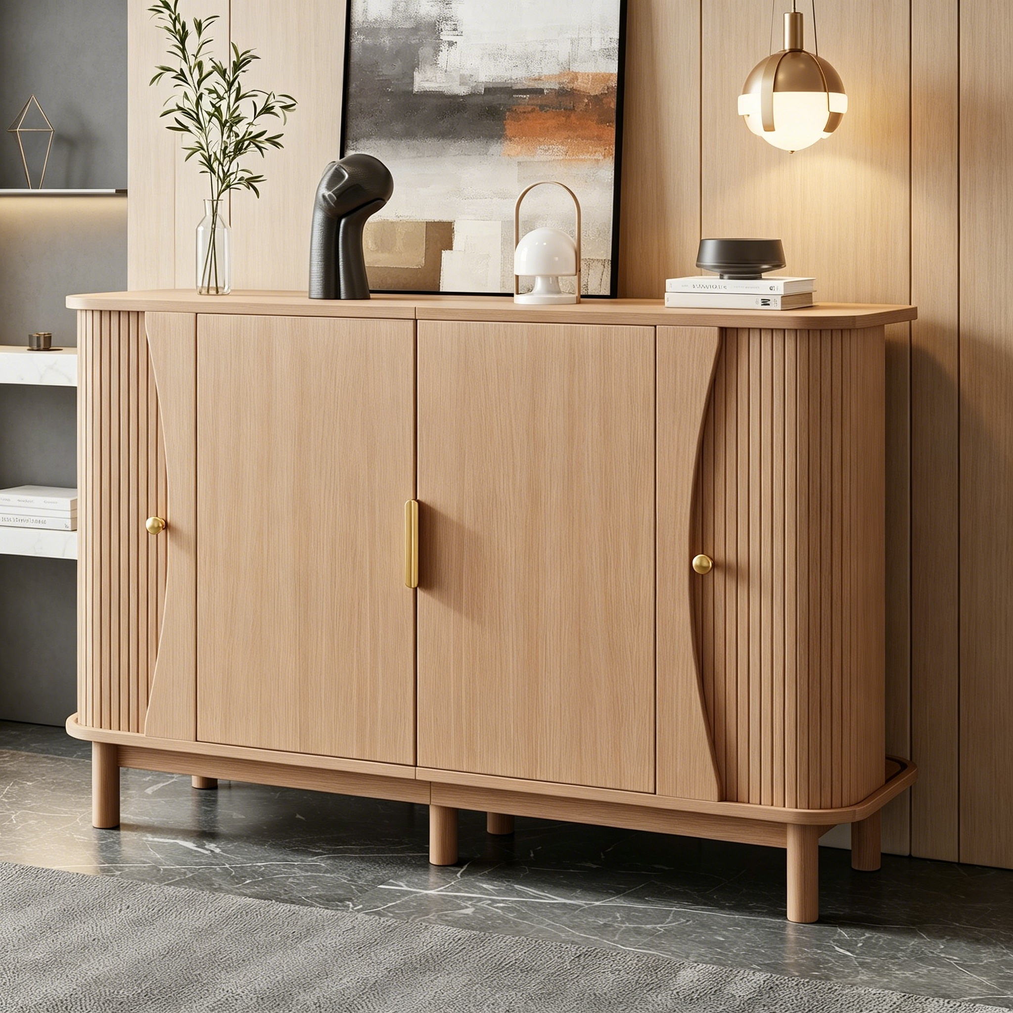 Sideboard 140x40x88cm Aus Mdf, Kommode Mit Geschwungenen Kanten, 2 Schiebetüren, Stauraumschrank Für Wohnzimmer Flur, Bis 60kg Belastbar,beistellschrank Aus Naturholz