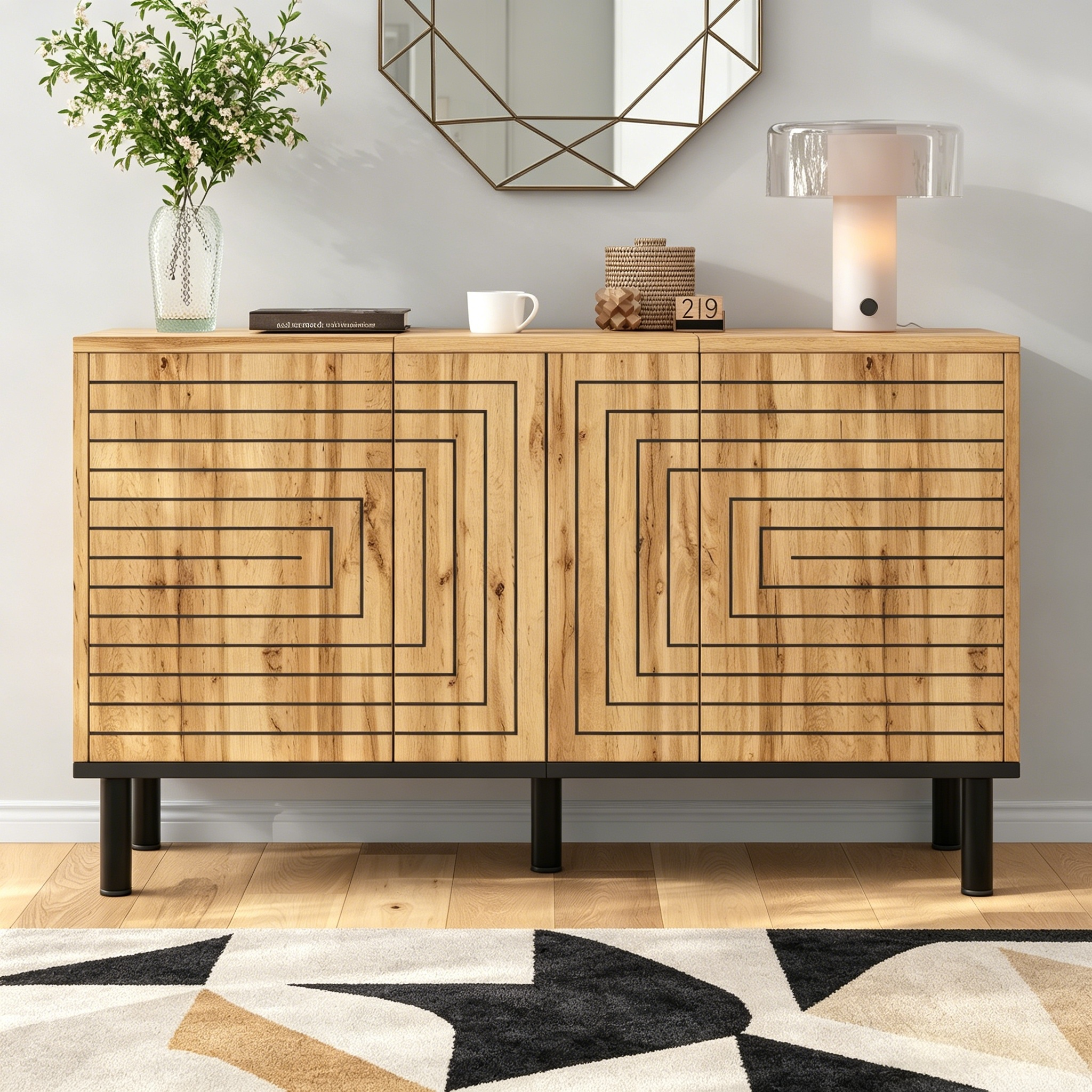 Sideboard Mit Wellenmuster,3 Türen Mit Rückprallmechanismus, Mdf Aufbewahrungsschrank Für Esszimmer,studie & Wohnzimmer, 50kg Belastbarkeit,küchenschrank, Aufbewahrungsschrank,holzfarbe,120×35×68cm