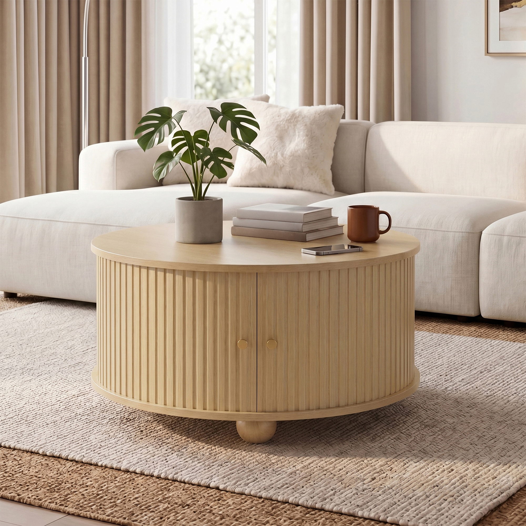 Couchtisch, Rundcouchtisch, Wohnzimmertisch, Umlaufende Vertikale Reliefstruktur, Zwei Schiebetüren, Mdf-korpus, Metallgriffe, Kugelförmige Metallfüße, Vier Separate Ablagefächer