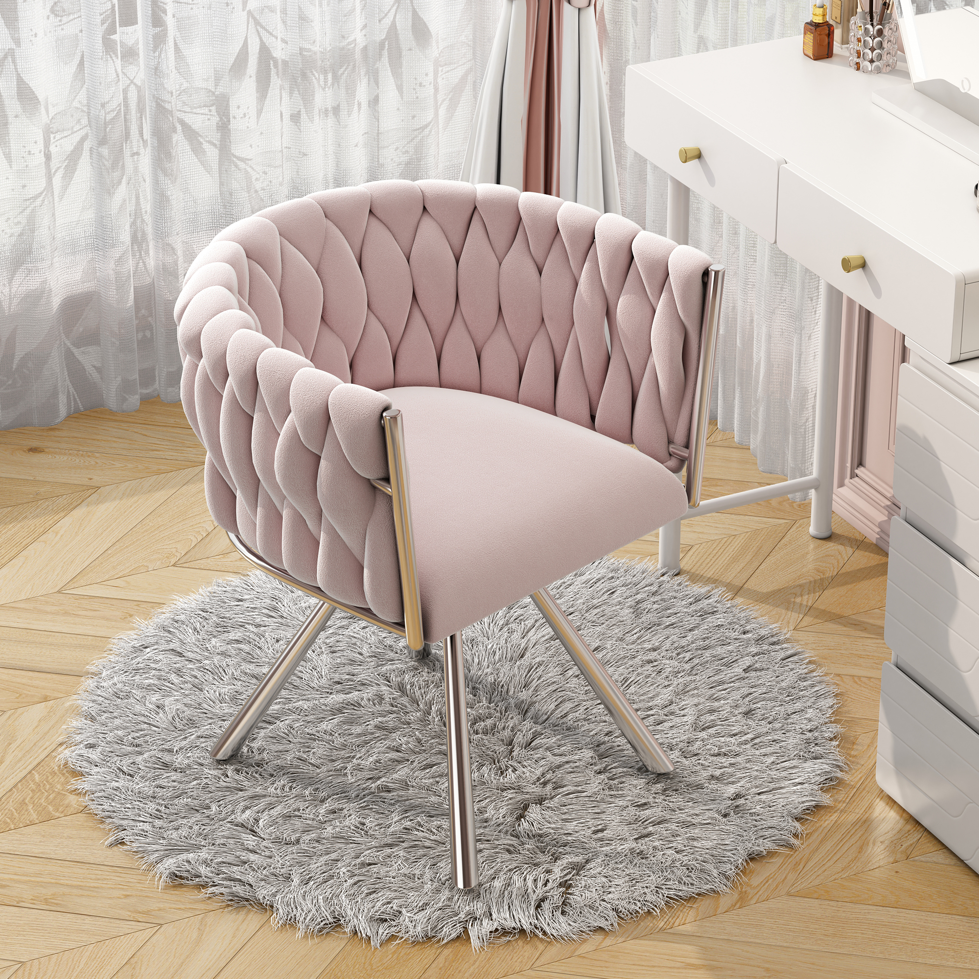 Samt-schminkstuhl, 1st, Einzelner Luxuriöser Schlafzimmer-drehstuhl, Freizeit-drehstuhl, Vier Stützbeine Aus Metall, Rosa