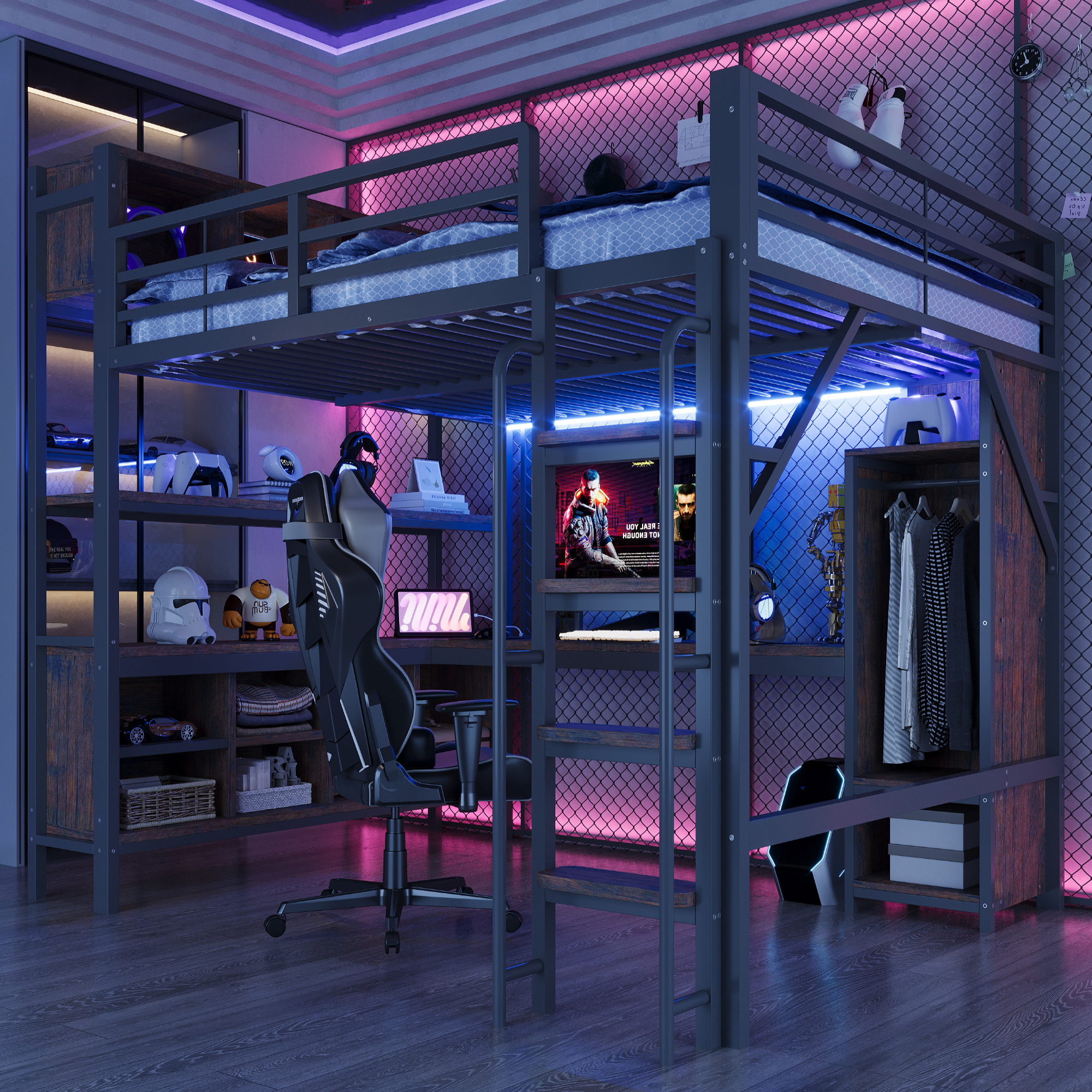 Hochbett Mit Schreibtisch 140 X 200 Cm, Kleiderschrank, Ablagefächern, Led-beleuchtung, Steckdosen Nach Europäischem Standard Und Hohem Sicherheitsgeländer, Schwarz