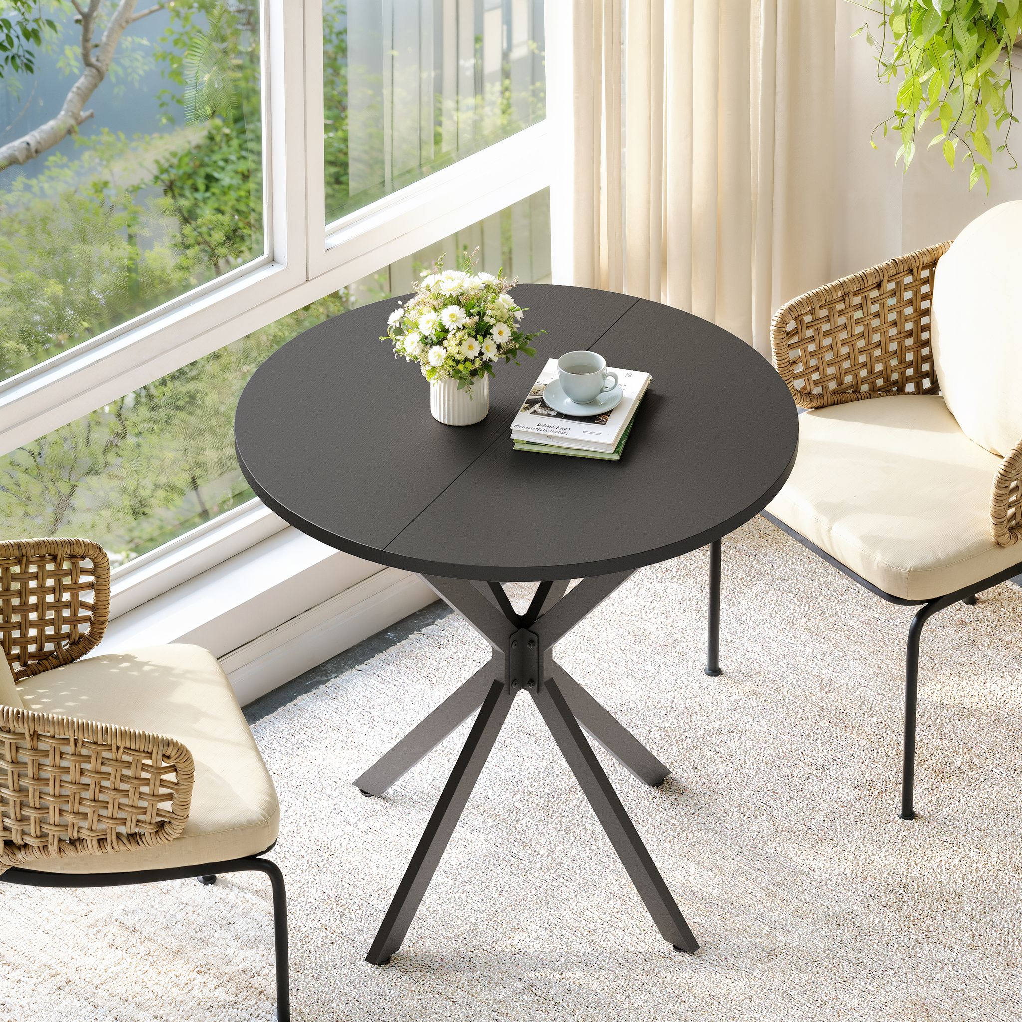 Runder Tisch Mit X-beinen, 80 Cm - Küchen- Und Esstisch Für Homeoffice, Balkon Oder Als Couchtisch - Schwarz