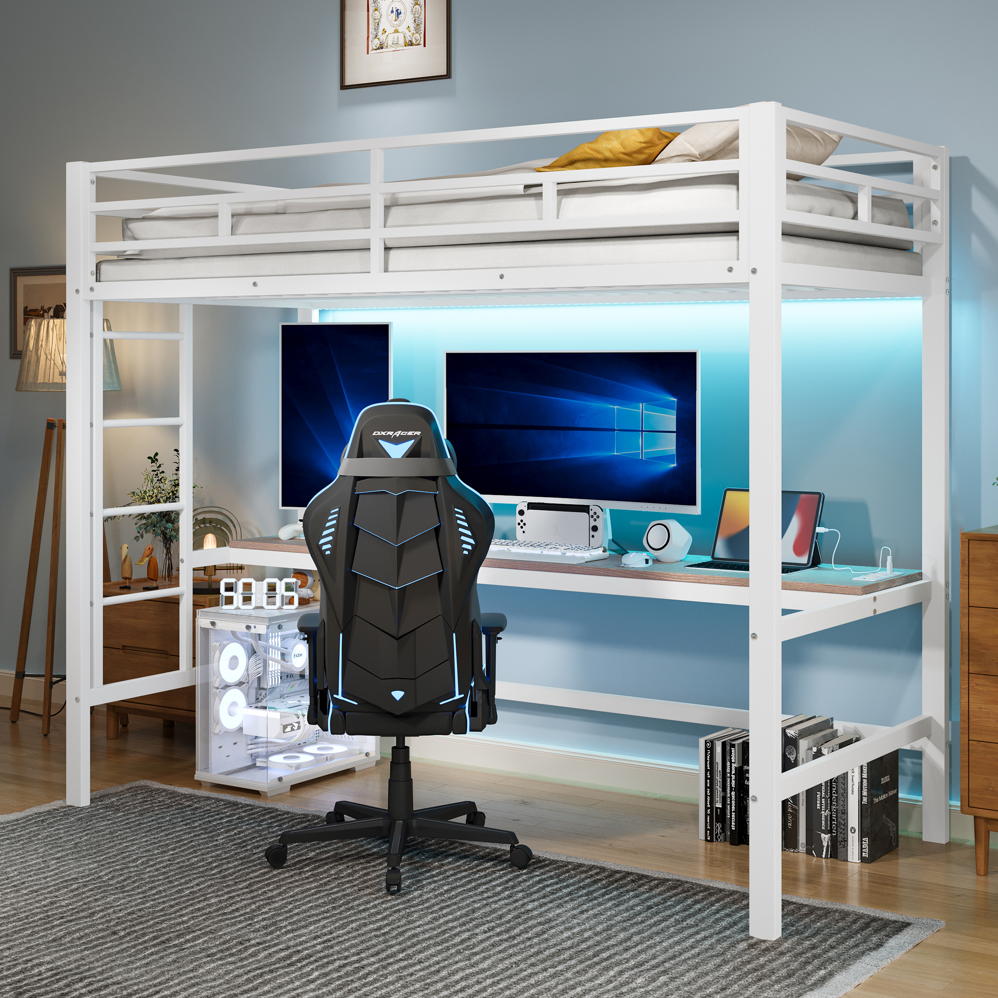 Hochbett, 90200 Cm, Geländer, Trittleiter, Tisch Mit Usb Und Steckdose, Wire Control Light Strip, App-fähiges, Mit Led-leuchten, En747-konform, Ohne Matratze, Metall, Weiß