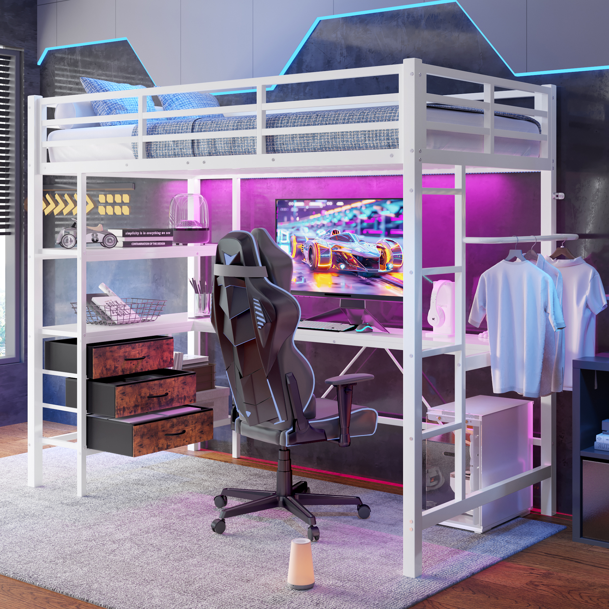 Hochbett, 90200cm , Mit Led-leuchten, Schreibtisch, Steckdose + Usb, 3 Schubladen, Regale, Geländer, Treppe, Ohne Matratze, Weiß