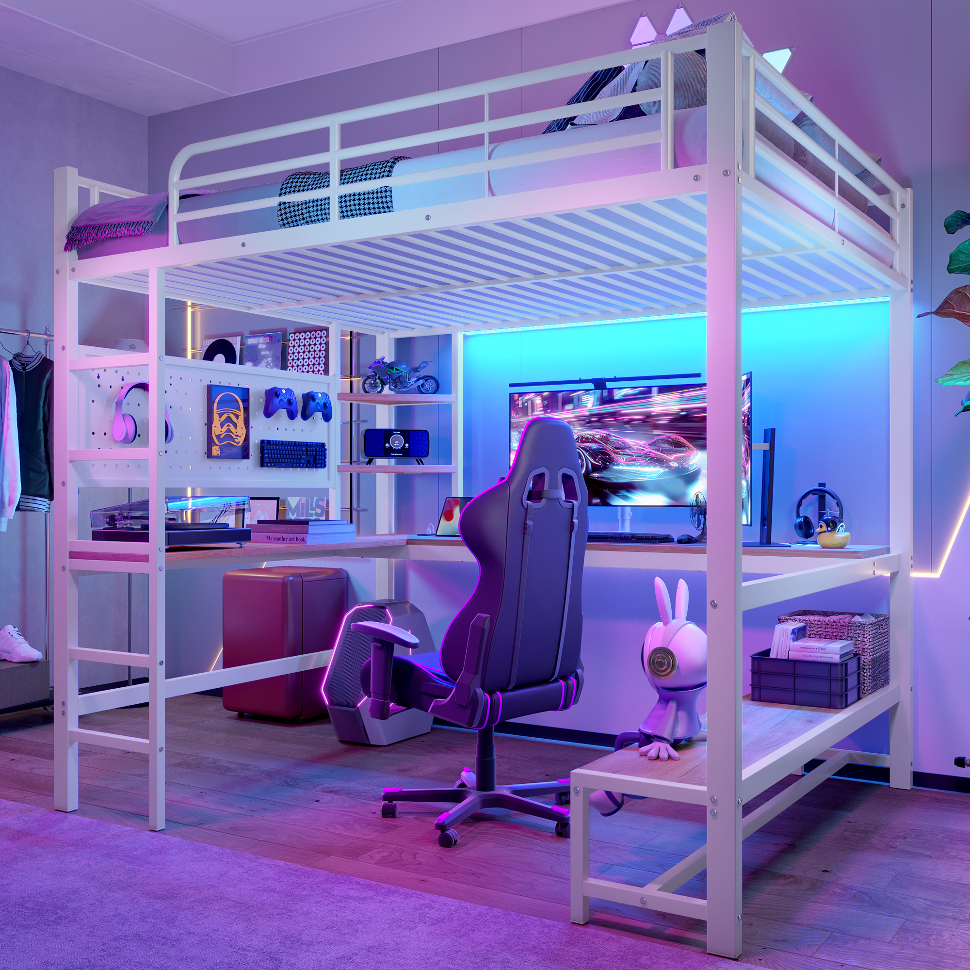 Hochbett, 140 X 200cm, Eisenrahmen, Schreibtisch, Geländer, Trittleiter, Mehrere Ablagen, Mit Usb+type-c Steckdose, Mit Led Leiste, Mit Lochbrett, Ohne Matratze, Weiß