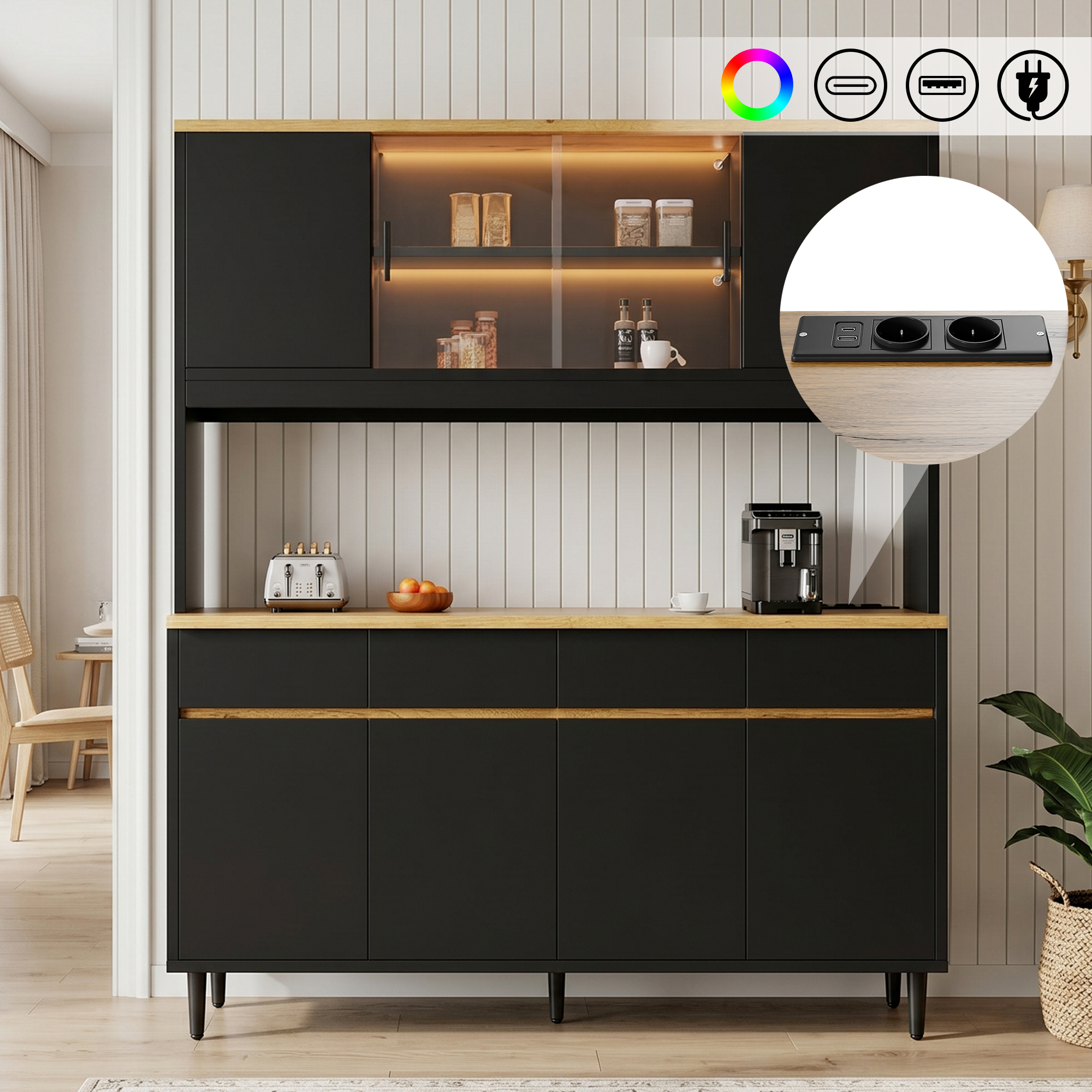 Buffetschränke, Esszimmer-hochschrank 16040185 Cm, Mehrstufigem Stauraum, Integrierter Steckdose Sowie Usb-c- Und Usb-a-anschlüssen,mit Farbigem Lichtstreifen, Schwarz + Eiche