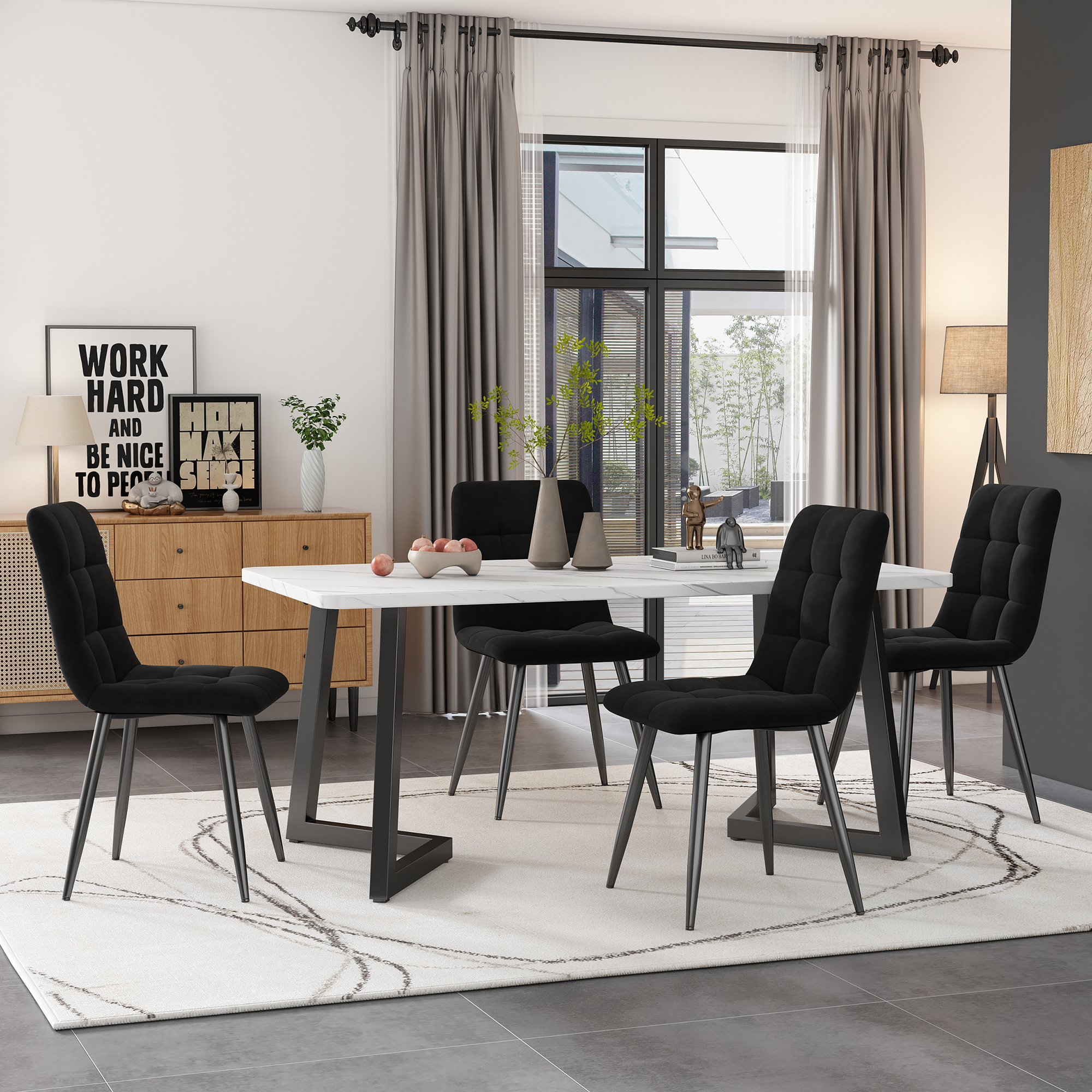 Esstisch Mit 4 Stühlen Set, Rechteckiger Esstisch Moderner Küchentisch Set ,esszimmerstuhl Schwarz Samt Küchenstuhl,schwarze Tischbeine