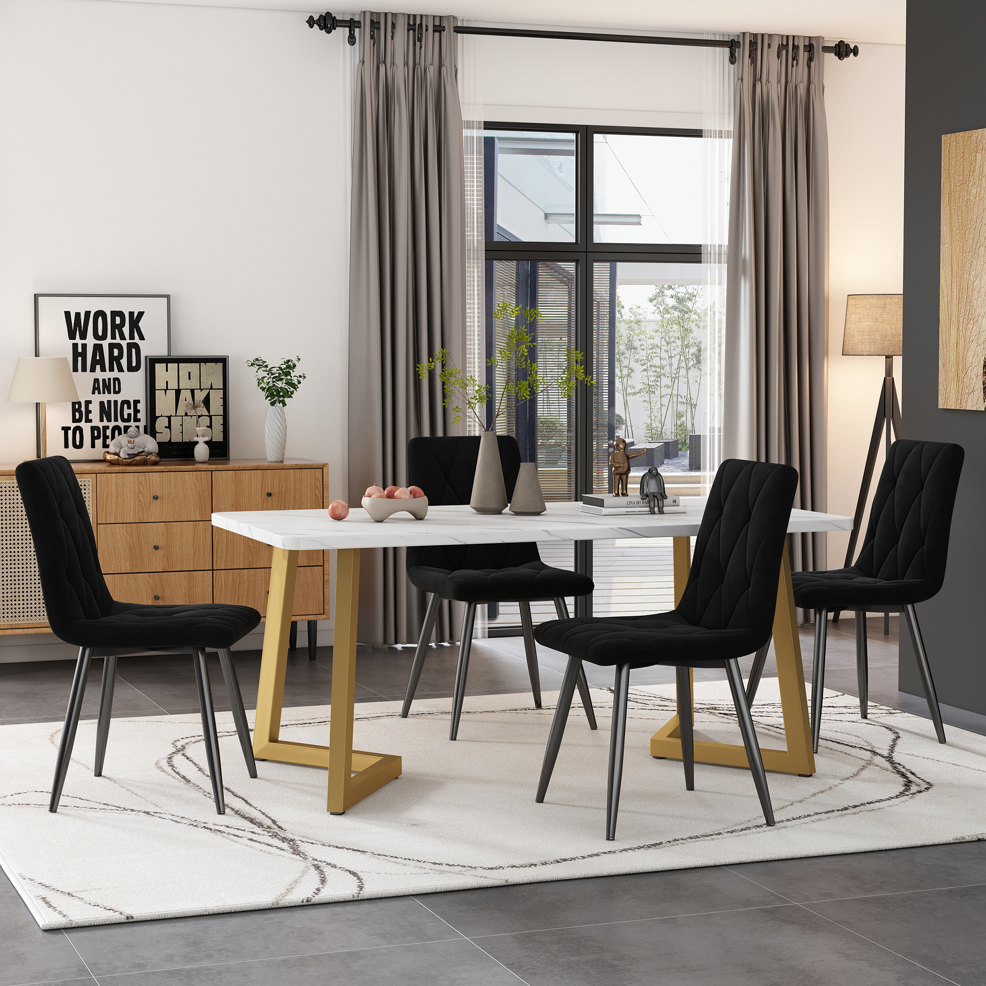 Essgruppe,(set,117×68cm Esstisch Mit 4 Stühlen), Rechteckiger Esstisch Moderner Küchentisch Set ,esszimmerstuhl Schwarz Twill Samt Küchenstuhl,golden Tischbeine