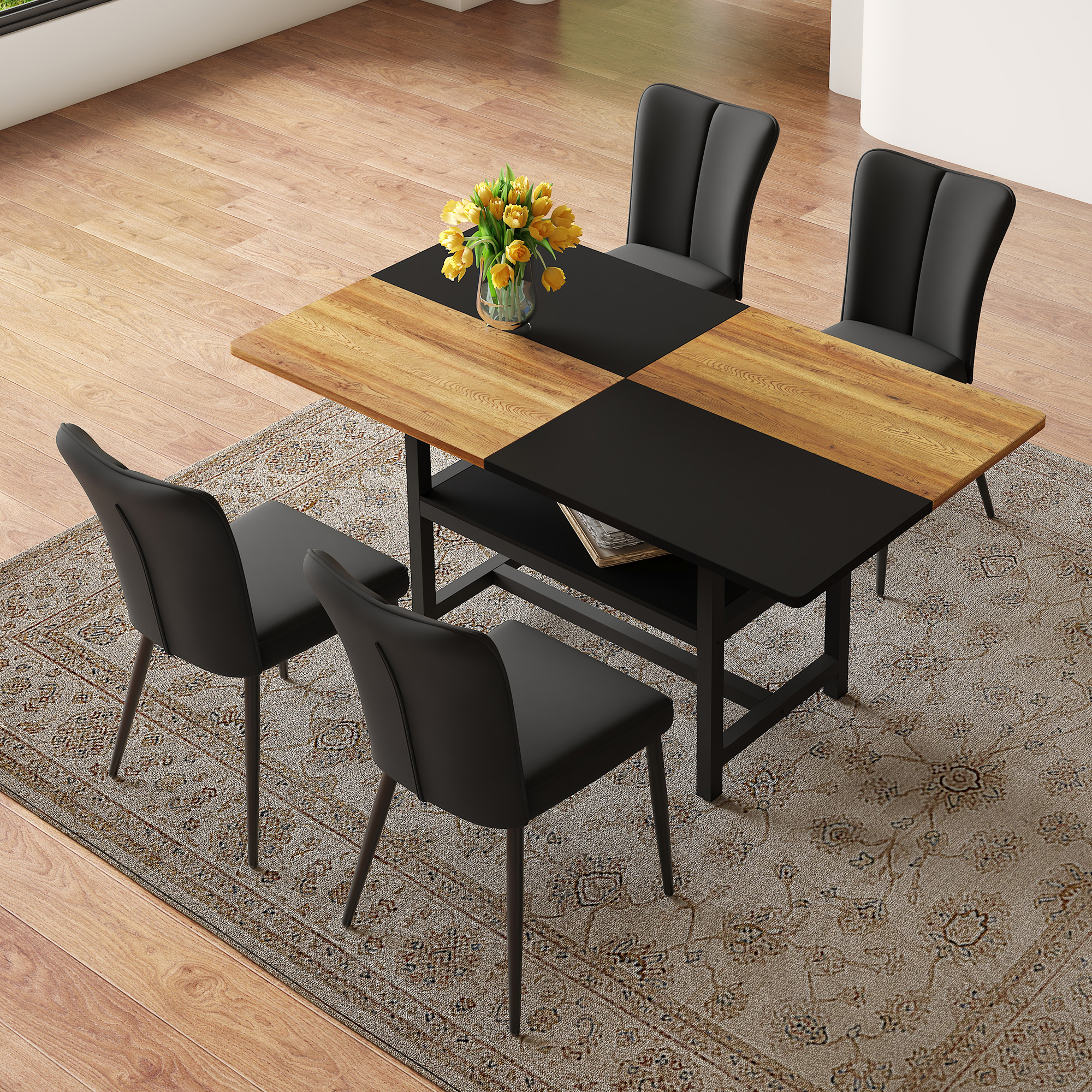 160 Cm Rechteckiges Esstisch-set Mit Staufunktion, Ausgestattet Mit 4 Schwarzen Modernen Pu-esszimmerstühlen Mit Schwarzen Metallbeinen. Geeignet Für Wohnzimmer, Essbereich, Küche Usw.