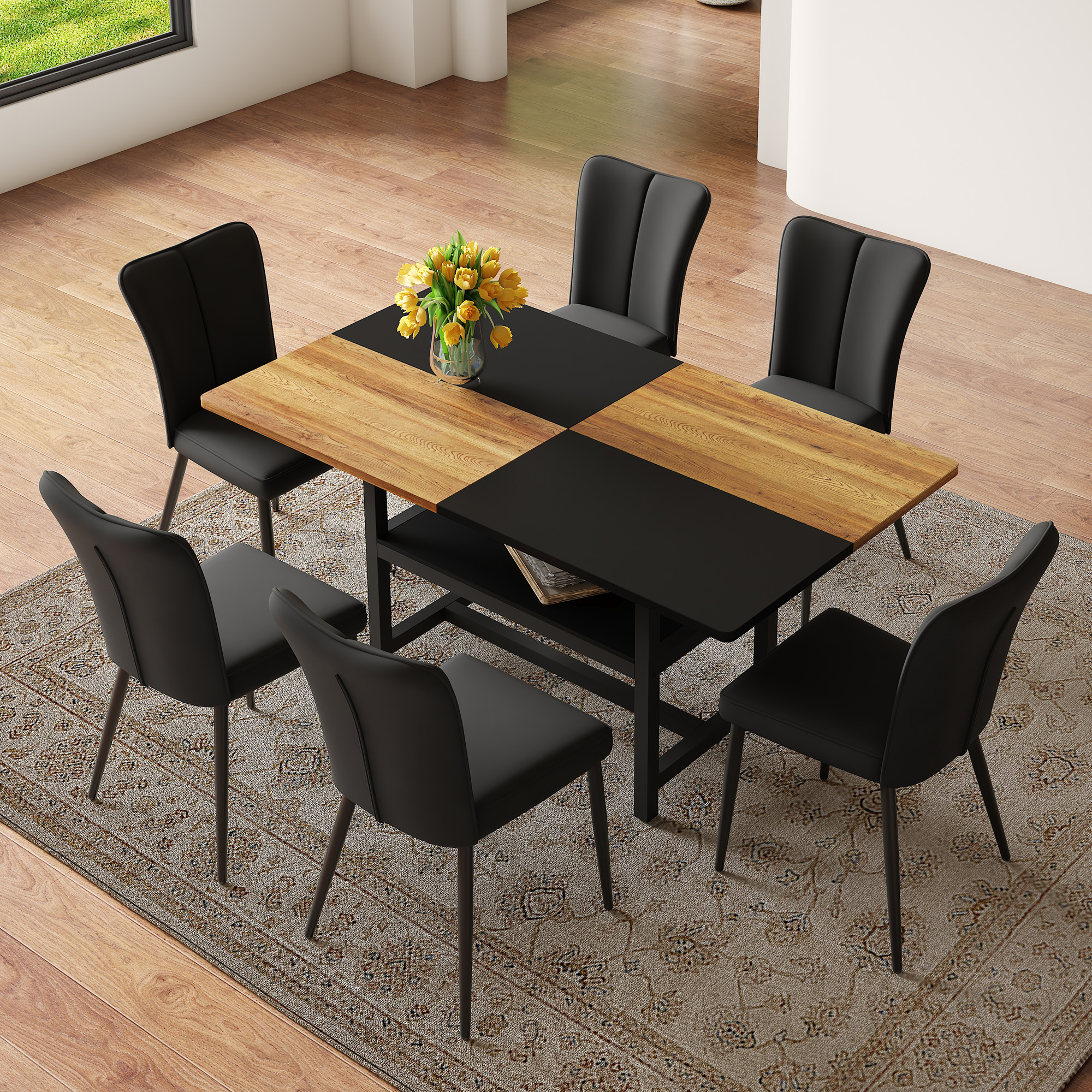 160 Cm Rechteckiges Esstisch-set Mit Staufunktion, Ausgestattet Mit 6 Schwarzen Modernen Pu-esszimmerstühlen Mit Schwarzen Metallbeinen. Geeignet Für Wohnzimmer, Essbereich, Küche Usw.