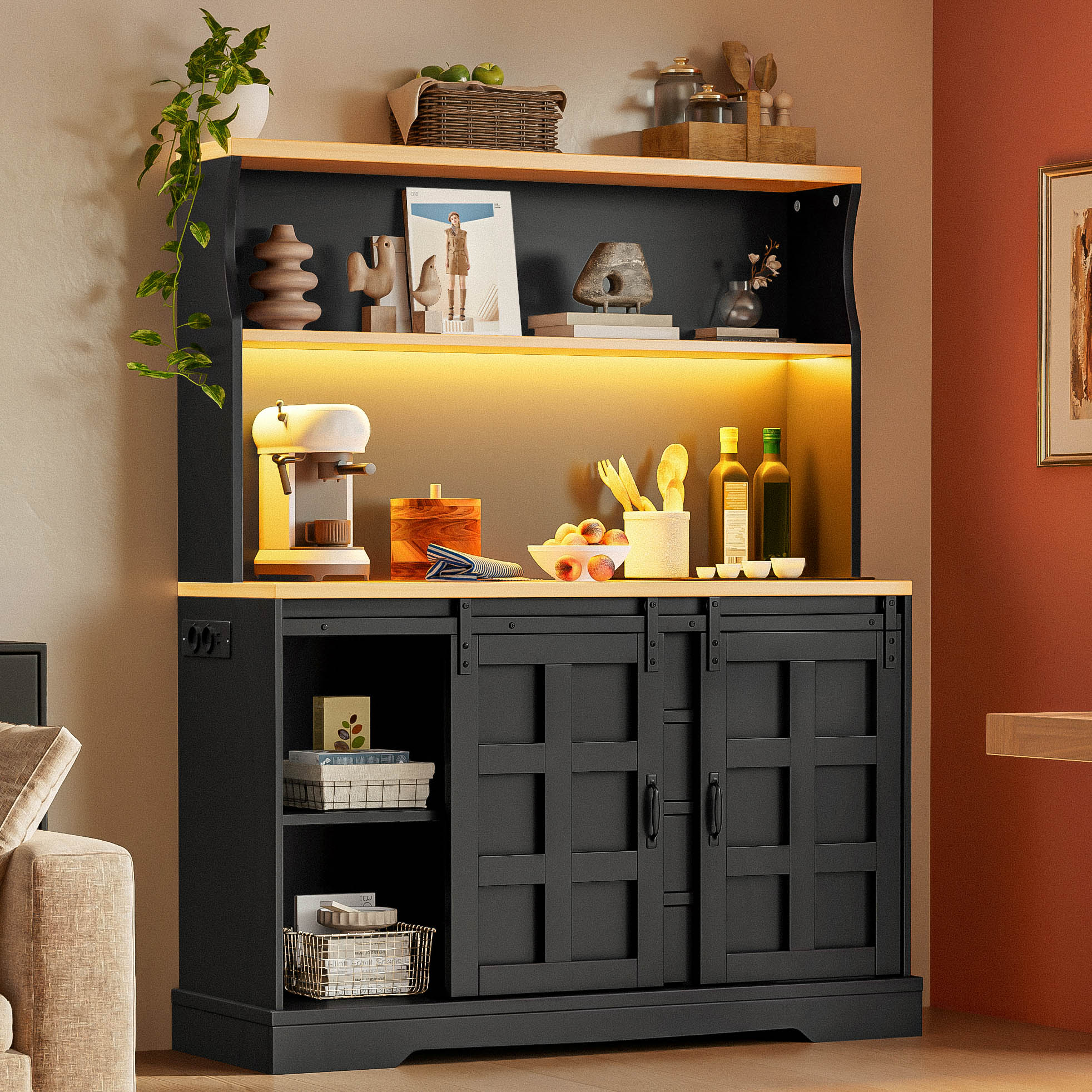 Küchenschrank, Sideboard Mit Led, Küchen-bar-schrank Mit Steckdose, Weinregal Im Scheunenstil Mit 4 Schubladen, 150×120 Cm
