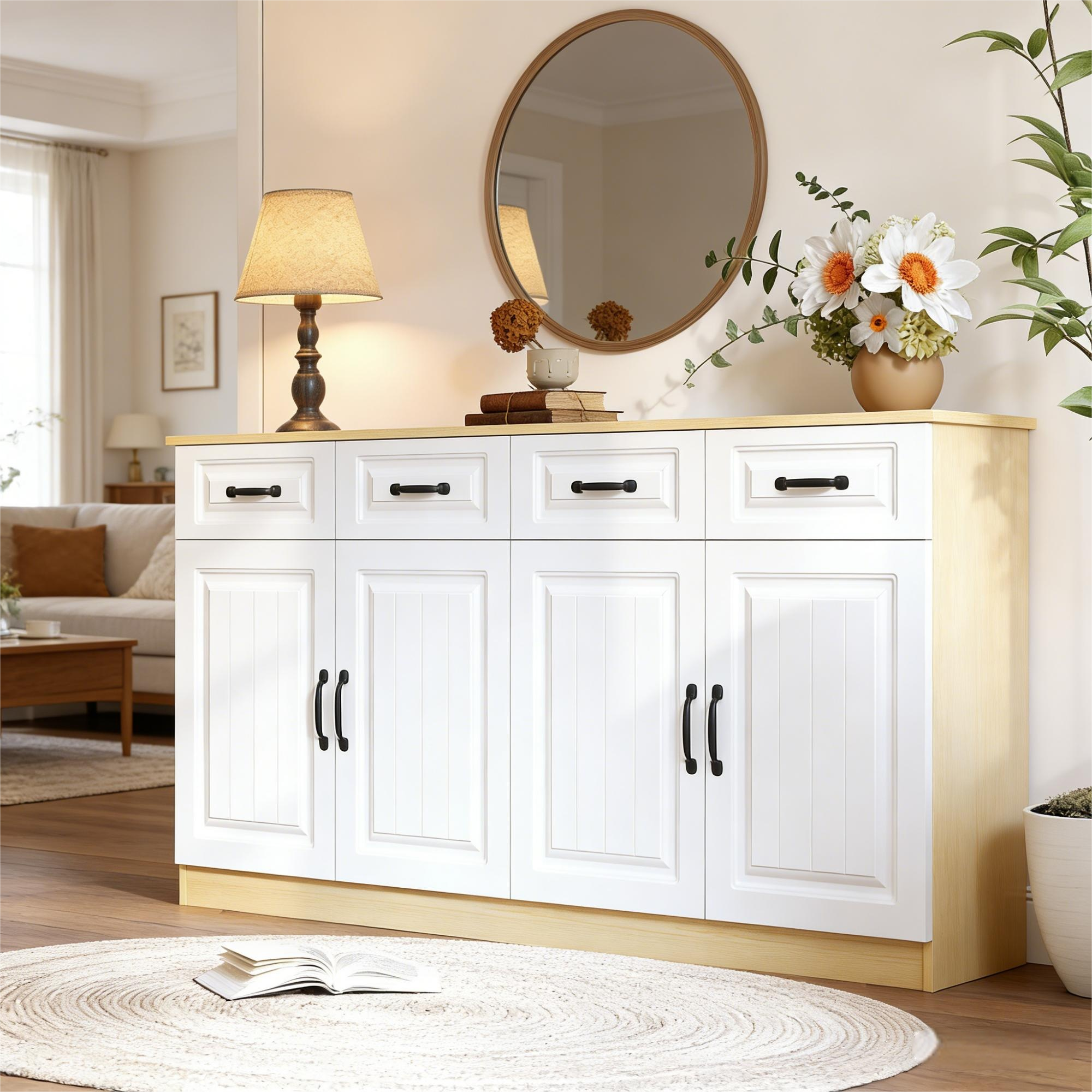 Sideboard,kommode Mit 4 Schubladen Und 4 Türen,2 Ablageflächen,geriffeltem Design Und 8 Metallgriffen,großer Oberer Stauraum Für Wohnzimmer,schlafzimmer Und Küche, Breite 160 Cm,weiß + Naturholzfarbe