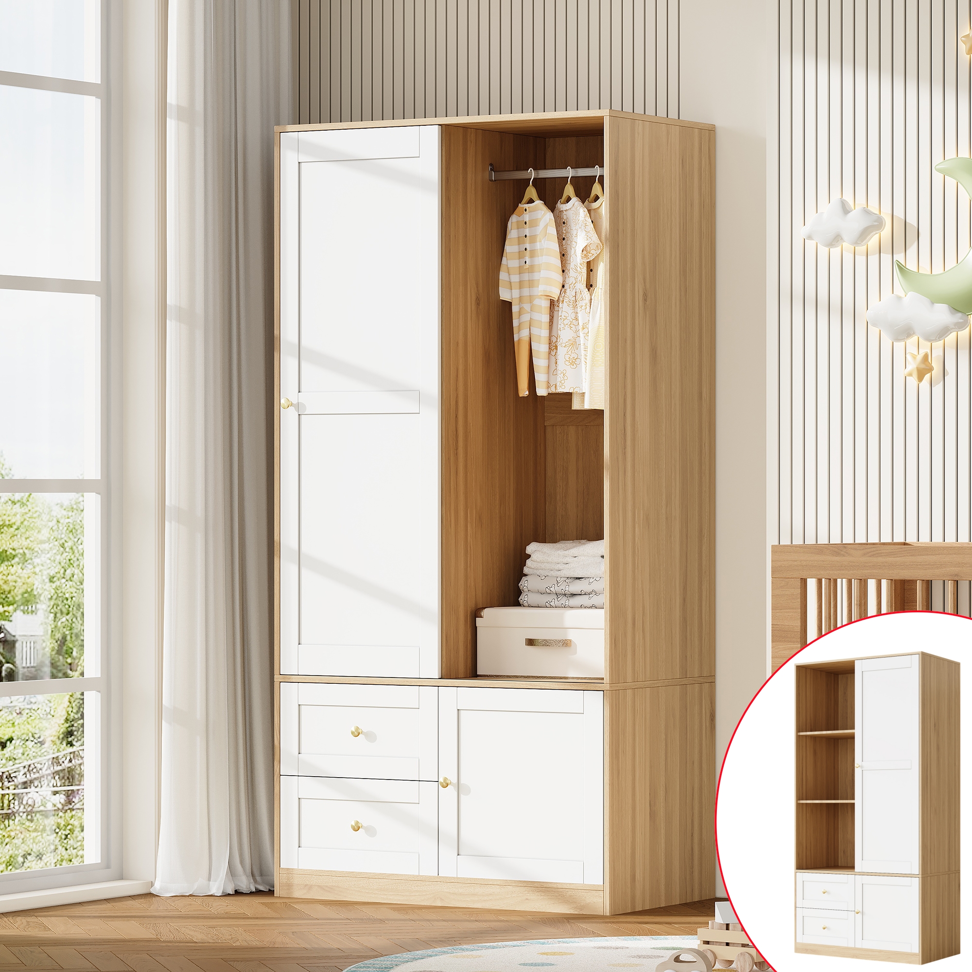 Freistehender Schiebetür-kleiderschrank, Halboffener Kleiderschrank Mit Kleiderstange & 2 Schubladen, Schiebetürenschrank, Weiß & Holzoptik, 80x46x141,5 Cm, Viel Stauraum Für Schlafzimmer