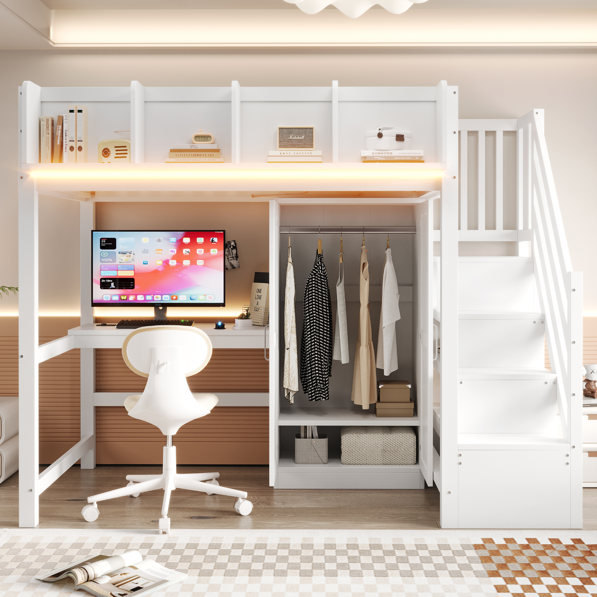 Multifunktionales Hochbett 90 X 200 Cm, Mit Schreibtisch, Kleiderschrank Und Aufbewahrungsleiter, Ausgestattet Mit Led-beleuchtung Und Steckdosen, Sicherheitsgeländer Mit Ablagefläche, Weiß