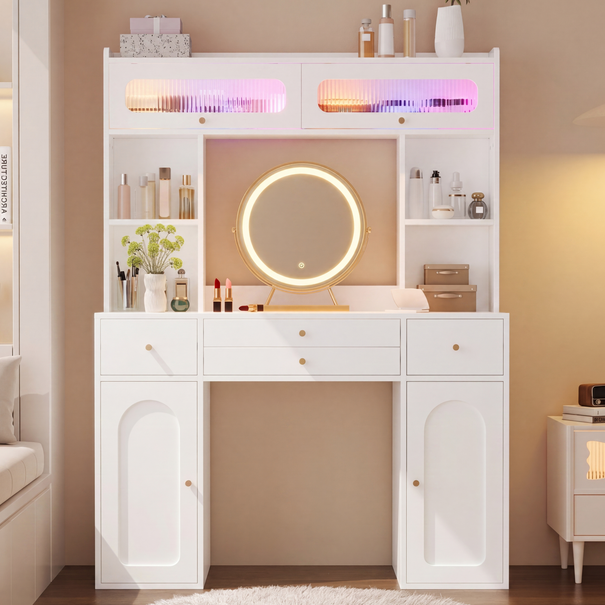 Led Schminktisch Mit Spiegel & Beleuchtung, Schminktisch Mit 4 Schubladen, 4 Offenen Ablagen, 2 Integrierten Staufächern & 2 Glastüren Mit Stauraum, Schminktisch Fürs Schlafzimmer, Weiß, 120×40×160 Cm