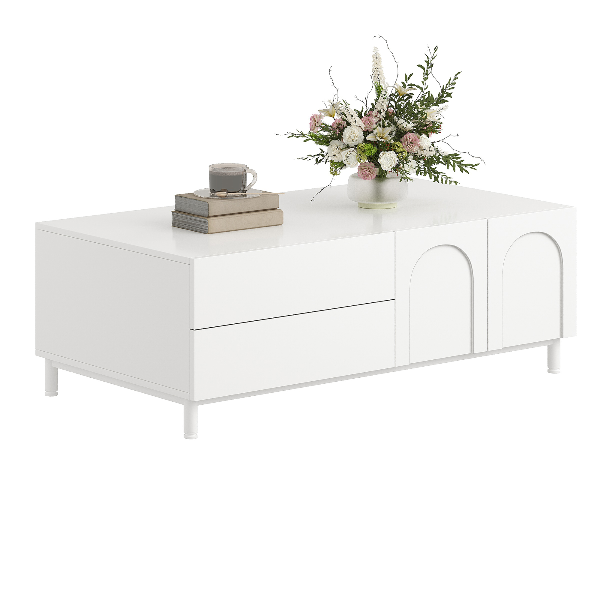 Stauraum-couchtisch, Rechteckiger Wohnzimmertisch, Couchtisch Mit Bogen-türen, Tisch Aus Spanplatte+mdf, Tisch Mit Stahlrohrfüßen, Aufbewahrungstisch Für Wohnzimmer