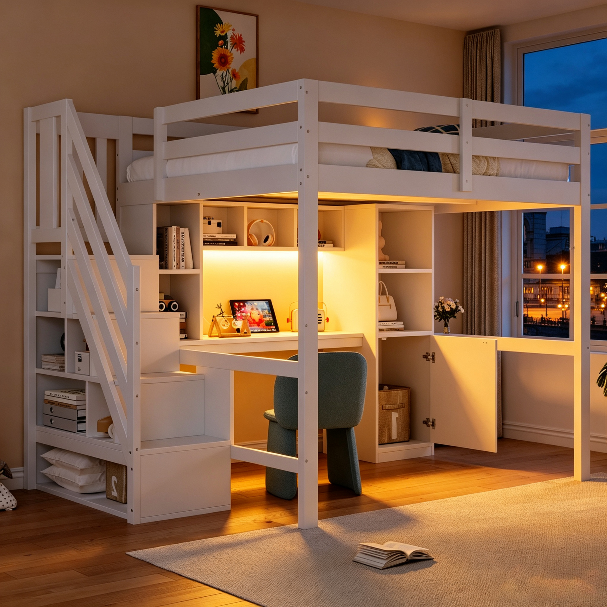 Hochbett Mit Treppe 140 X 200 Cm, Mit Stauraum, Schreibtisch, Regalen, Led-beleuchtung Und Eu-standardsteckdosen Sowie Hohen Sicherheitsgittern, Weiß