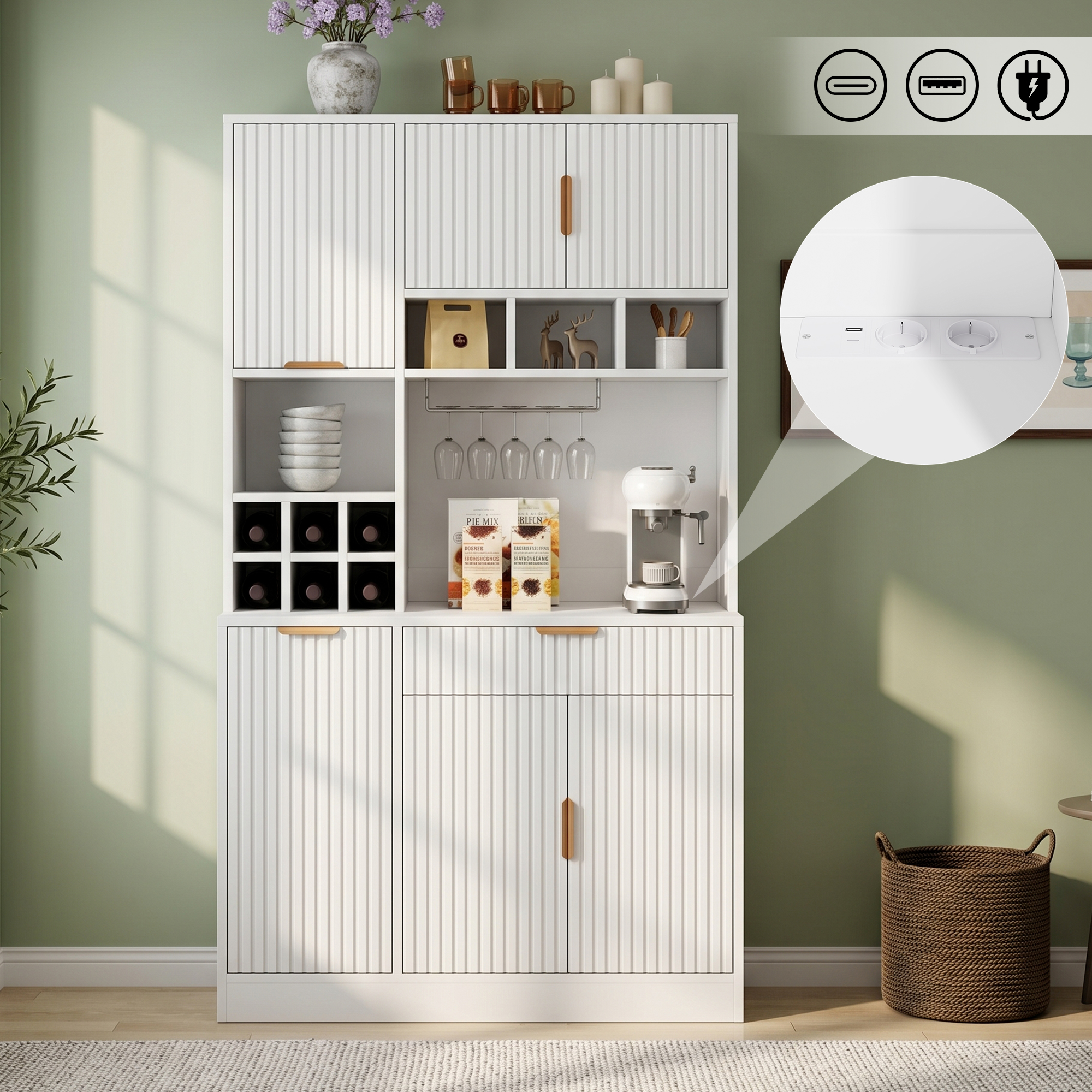 Buffetschränke, Esszimmer-hochschrank 100×40×175 Cm, Mehrstufigem Stauraum, Integrierter Steckdose Sowie Usb-c- Und Usb-a-anschlüssen,inklusive Weinglasablage Und Flaschenaufbewahrung, Weiß