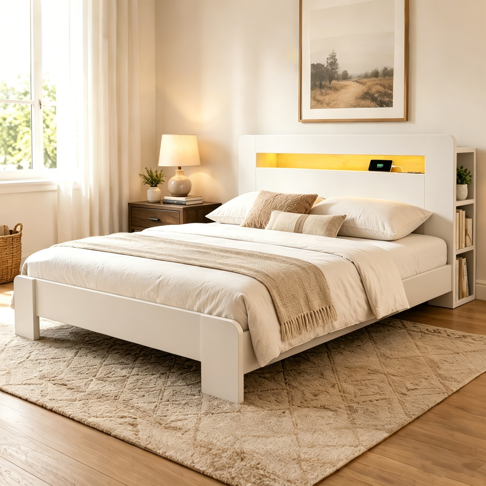Bettgestell Aus Holz Mit Stauraum Im Kopfteil, Led-beleuchtung, Integrierten Steckdosen, Modernes Plattformbett In Weiß 140 X 200 Cm