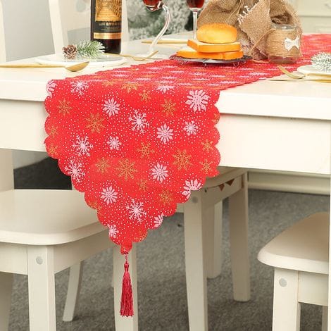 Roter Weihnachtstischläufer 35x180cm Aus Leinen Mit Schneeflockenmuster