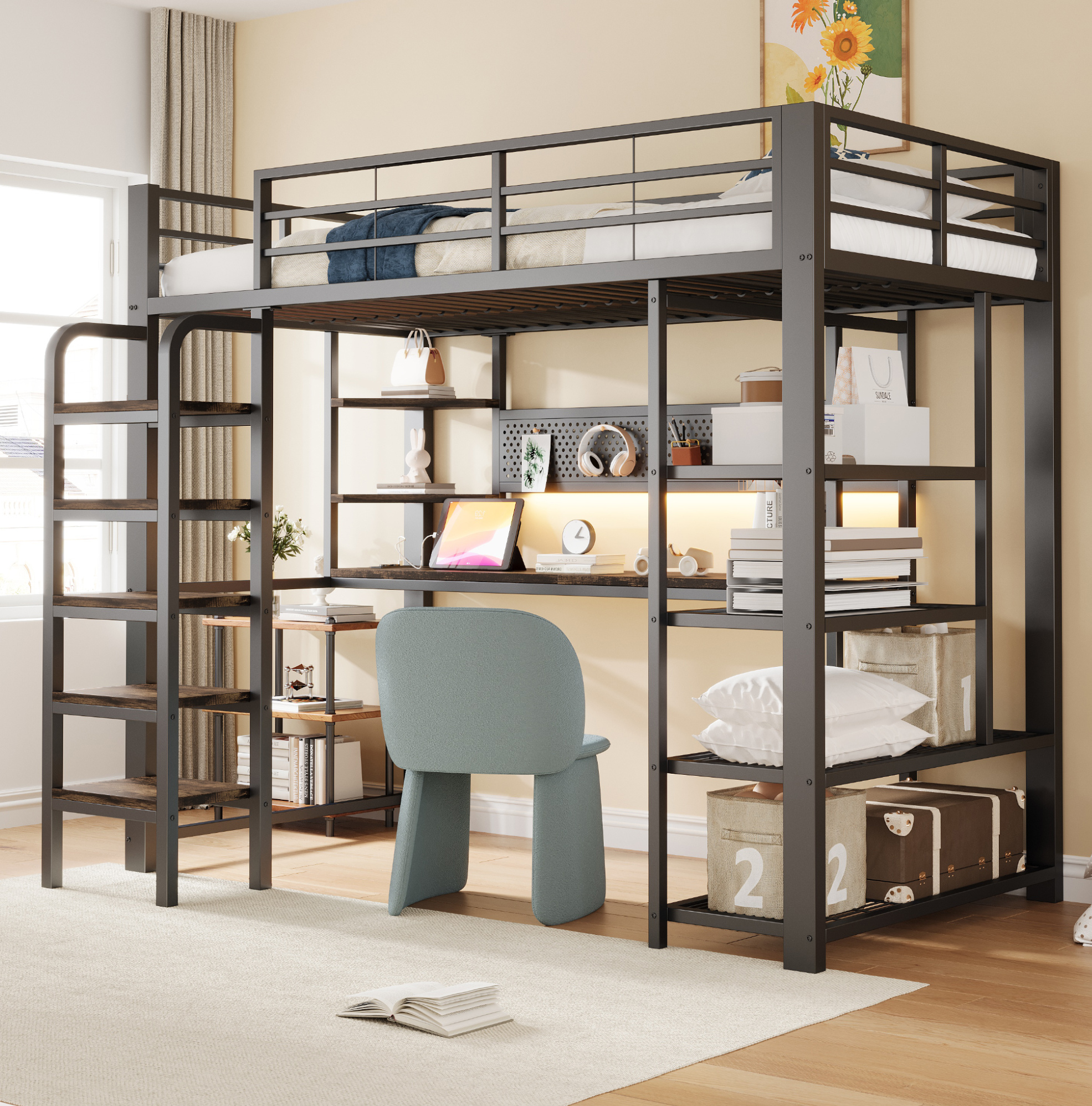 Hochbett 90x200 Mit Schreibtisch, Led Und Regal Okmyhome