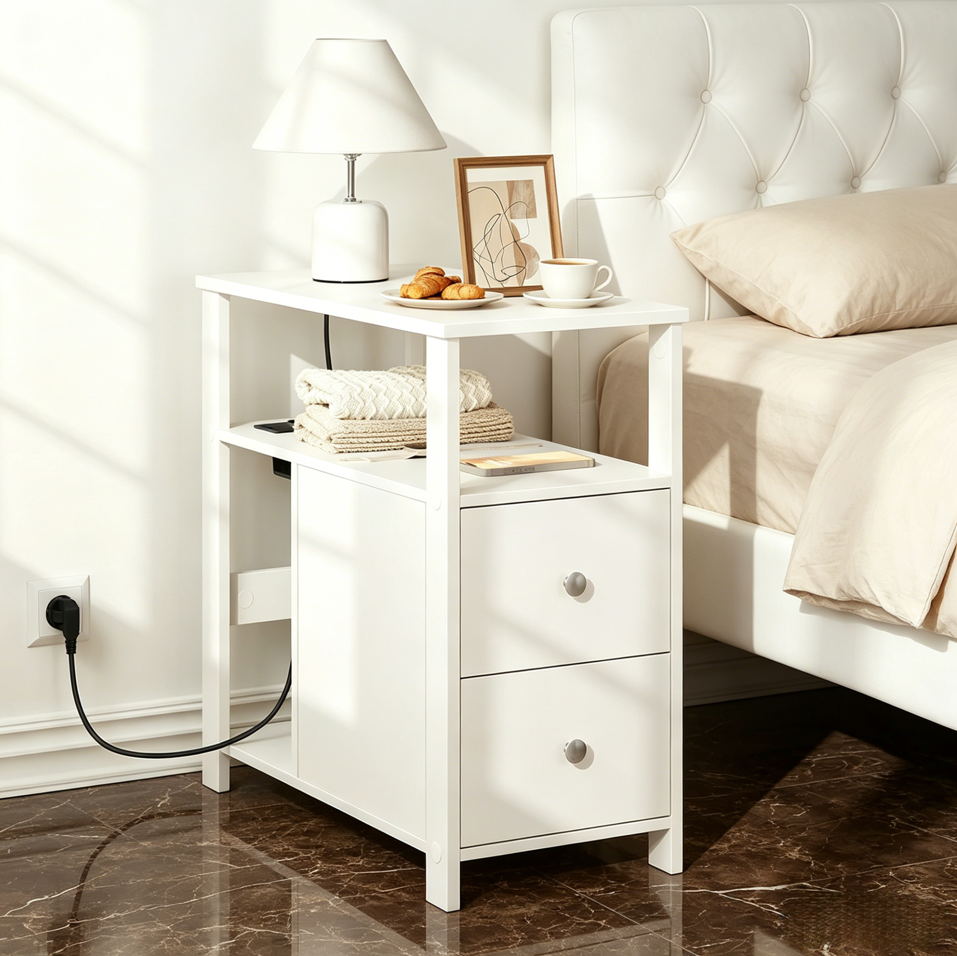 Beistelltisch Mit Steckdose Und Schubladen 60x60x30 Cm Weiß Okmyhome