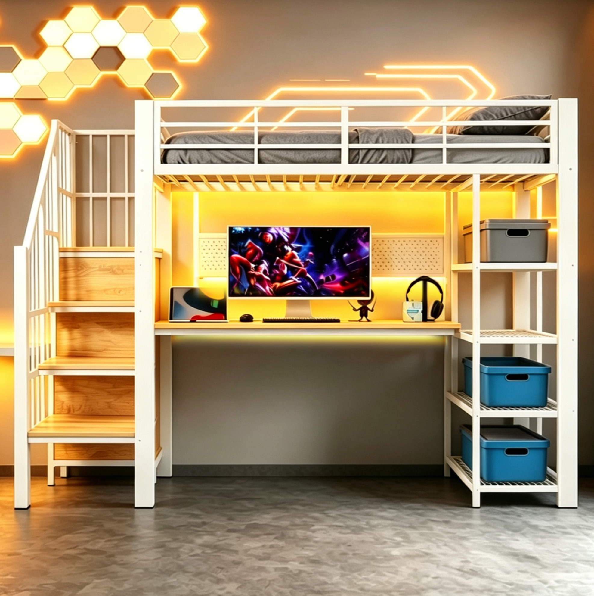 Hochbett 90x200 Mit Treppe, Led Und Steckdosen Okmyhome