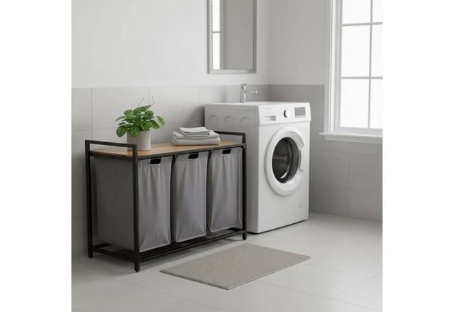 Relaxdays Wäschesammler Mit 3 Wäschesäcke, 150 L, Holzoptik Ablage, Hbt: 73,5 X 109,5 X 33 Cm, Wäschekorb, Grau/natur