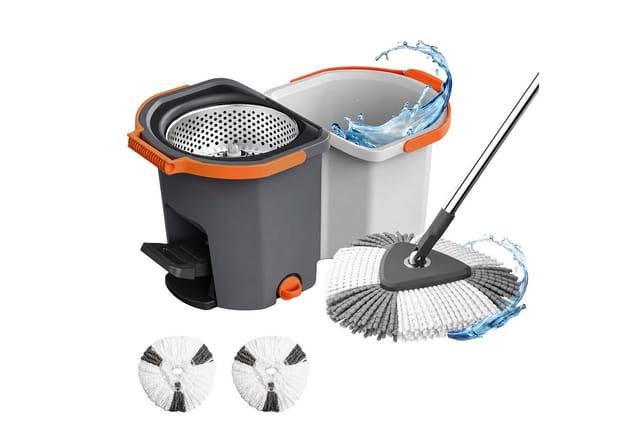 Relaxdays Wischmopp Set, 14.5 L Eimer & Schleuder, Stapelbar, Pedal, Hbt: 27x30x54,5 Cm, 2x Mikrofaser-moppköpfe, Grau